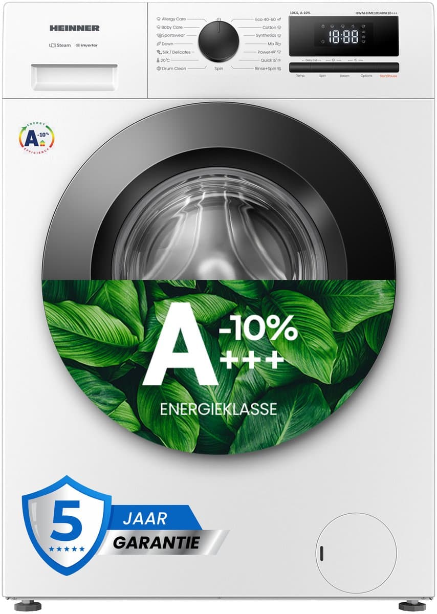 Heinner HWM-HME1014IVA10+++ Wasmachine - 10 kg - 1400 tpm - Energieklasse A-10% - Stoomfunctie met Allergy Care & Baby Care - 15 Programma’s - Quick Wash 15 min - Inverter Motor - Wit - 5 Jaar Garantie