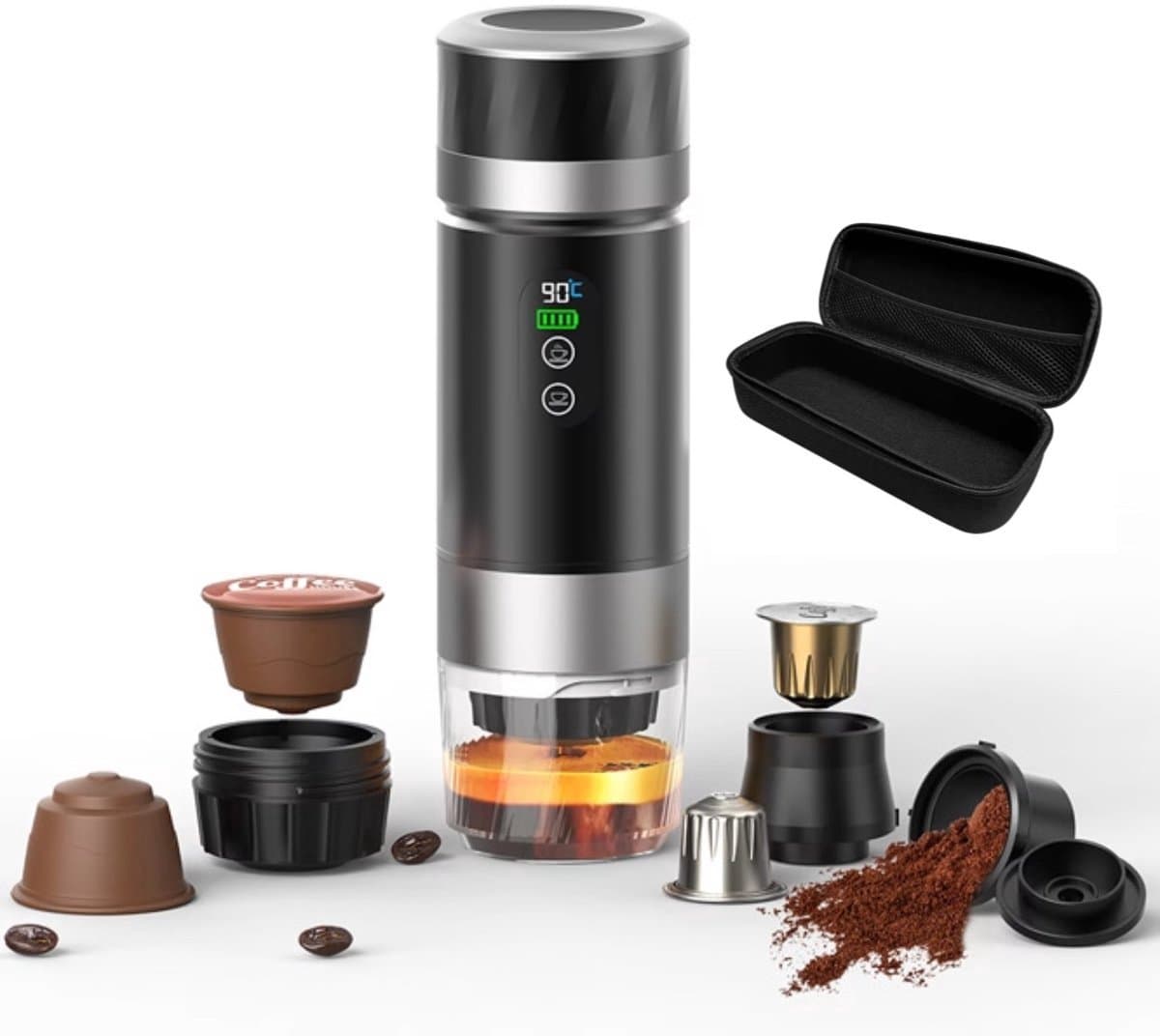 Lordani Draagbaar Koffieapparaat voor Onderweg | Inclusief Tas | Digitale Display | 60ml | 12 Volt | Espresso | Nespresso | Dolce Gusto | Capsule Koffie | Gemalen Koffie | Cups | Oplaadbaar | Draagbare Koffiemachine | Zwart&Zilver
