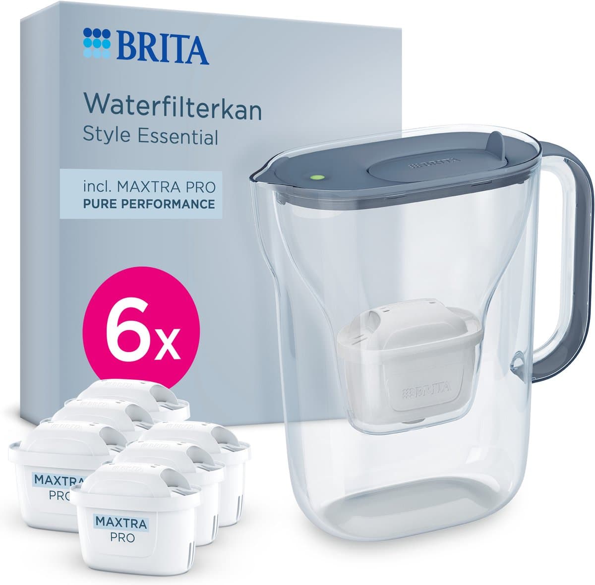 BRITA Waterfilterkan Style Essential Cool - 2,4L - Blauw - incl. 6x MAXTRA PRO Pure Performance Waterfilterpatronen - past in de koelkast, met Smart LED Light & klapdeksel