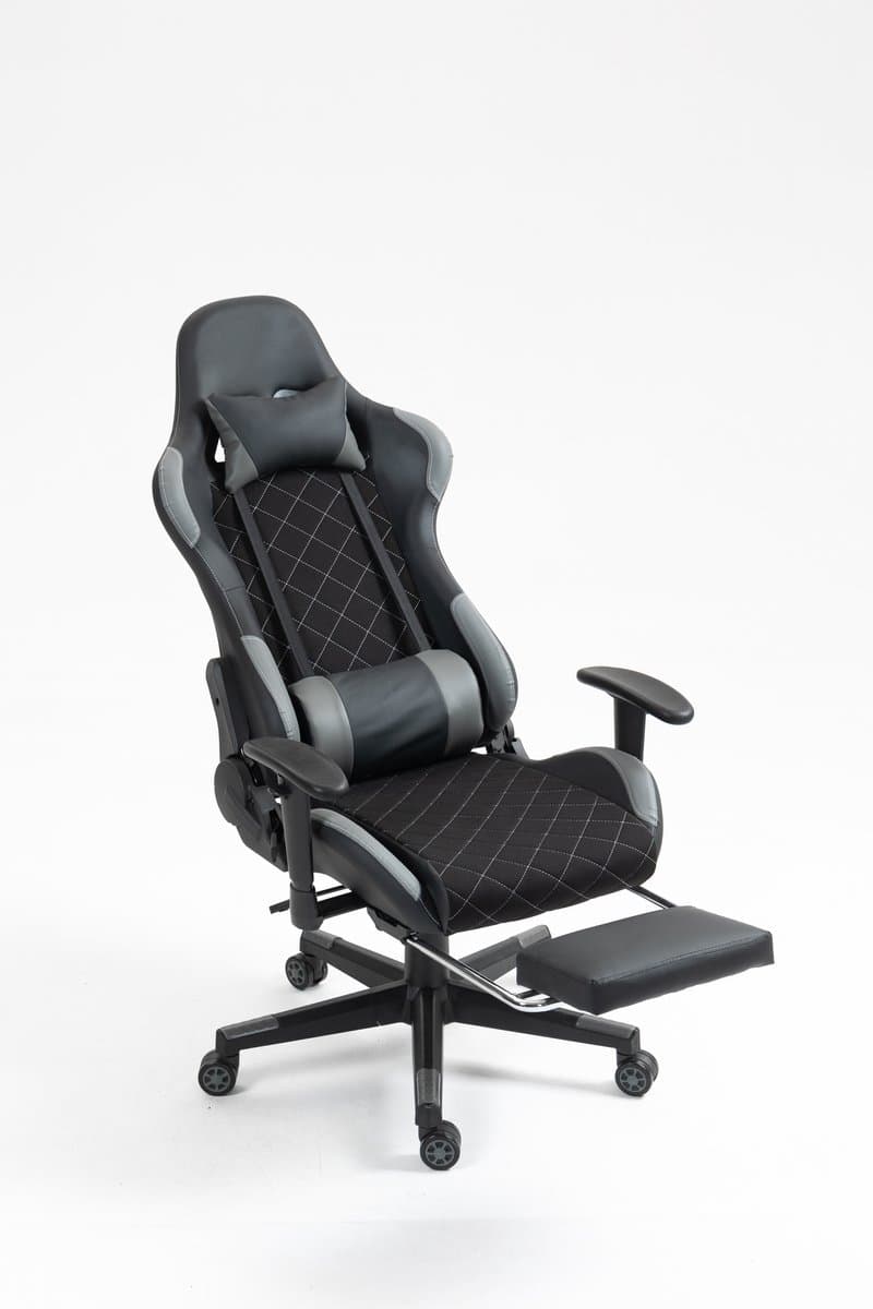 VDD Gaming - Gamestoel - Gamestoel met Voetsteun - Gamestoel zwart - Gaming Stoel - Bureaustoel gaming - Ergonomische Bureaustoel - Met Nekkussen & Verstelbaar Rugkussen - Game stoel Met Voetsteun - Ergonomische Game Stoel - Draaistoel- Zwart & Grijs