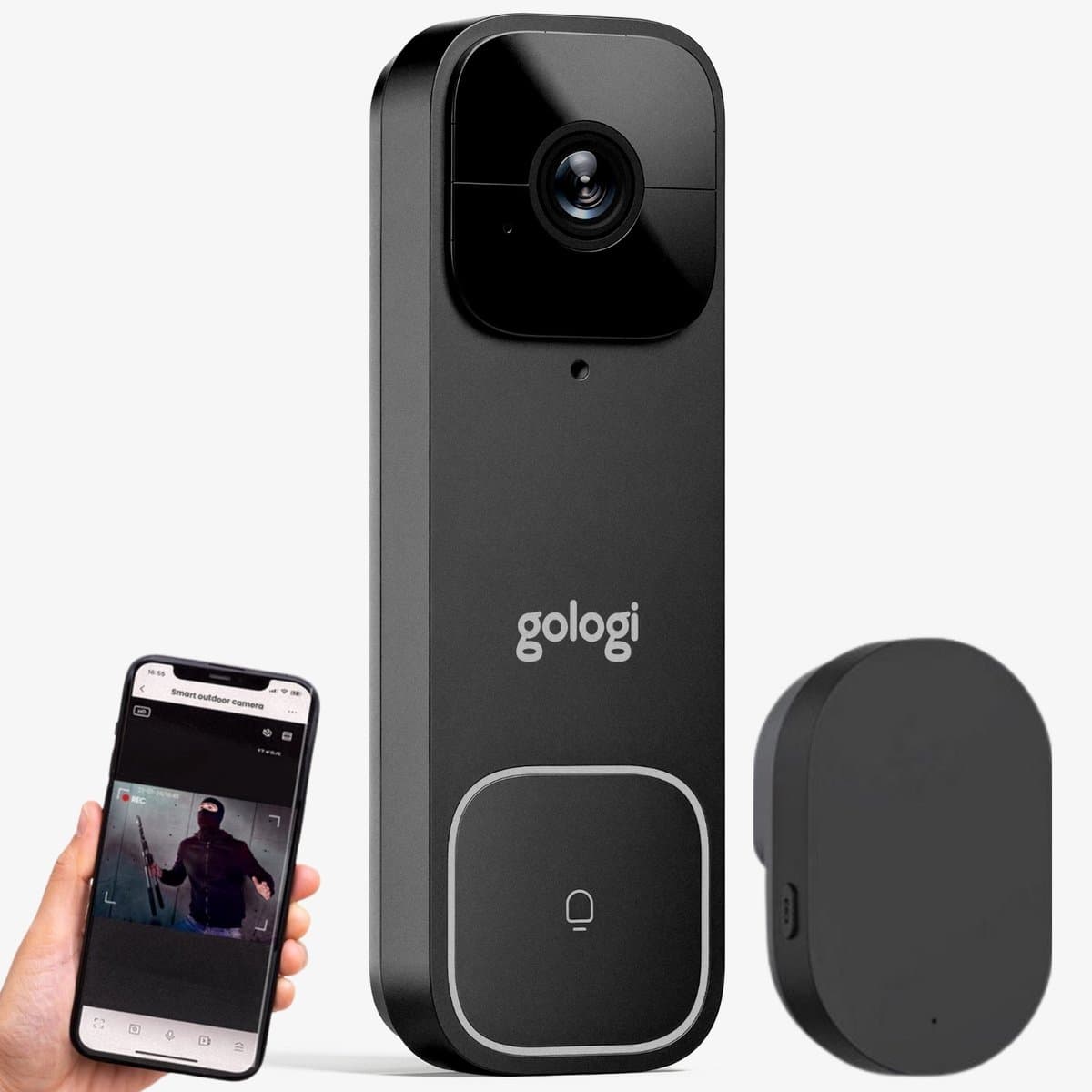 Gologi Video Deurbel - Slimme Deurbel met Camera en WiFi - HD Video Kwaliteit - Draadloos op Accu - Inclusief Muurbeugel en T-ring Chime - Night Vision - Waterdicht - Zwart