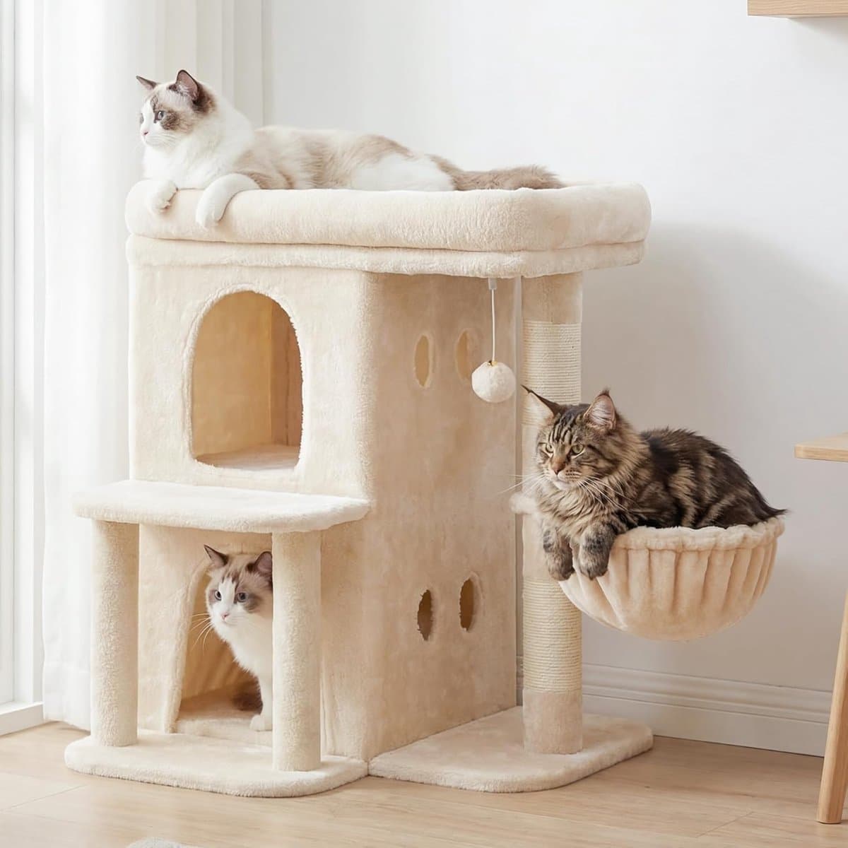 Katten Krabpaal 65cm Met Groot Platform Dubbel Huis Sisal Speelgoed Beige Compact