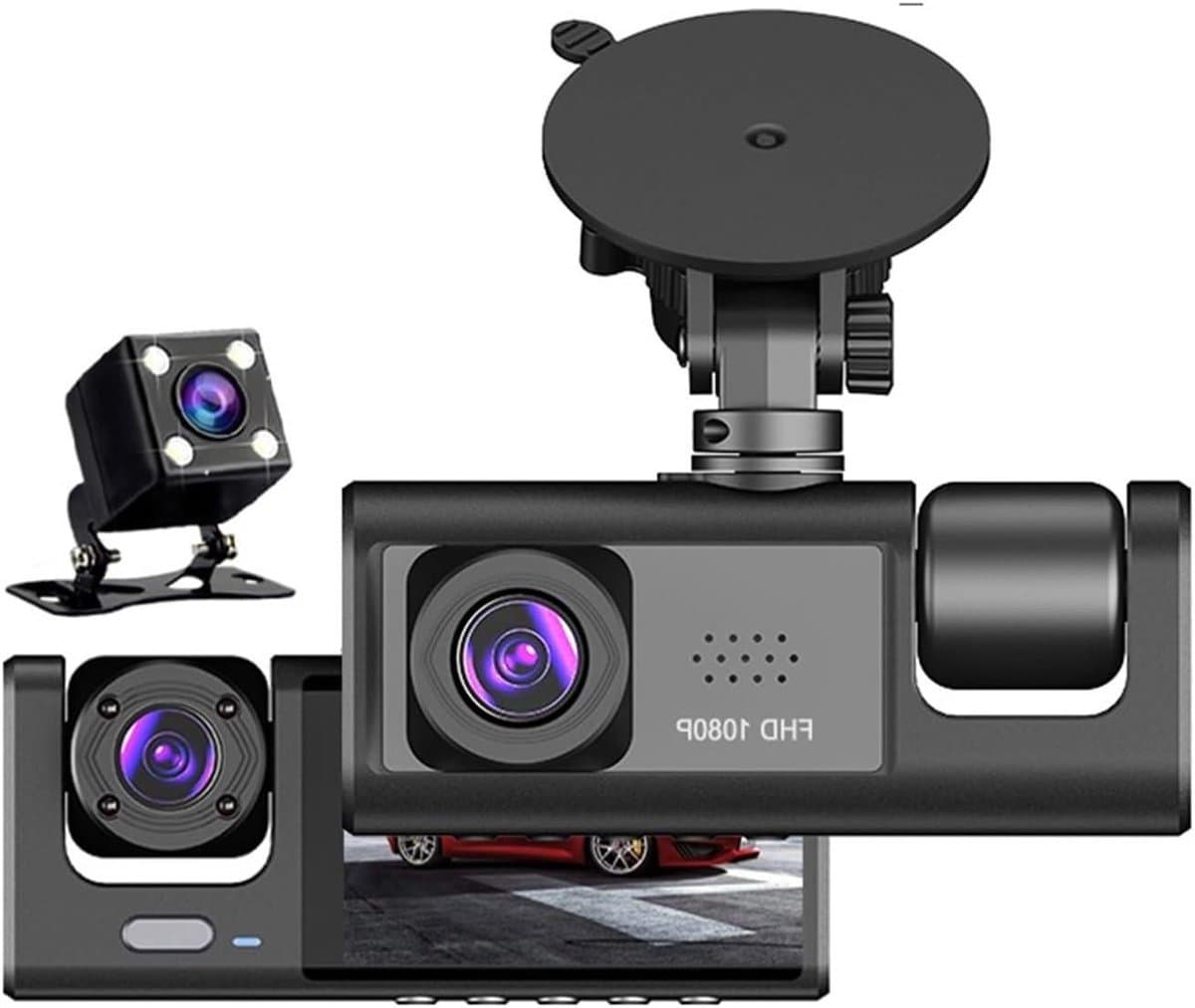 Dashcam 3 Cameralens Auto DVR 3-kanaals Dash Cam HD 1080P Dashcamera Dual Lens Dashcam Videorecorder Black Box 24H Parkeerbewaking Dash Camera (Kleur : B, Size : None)