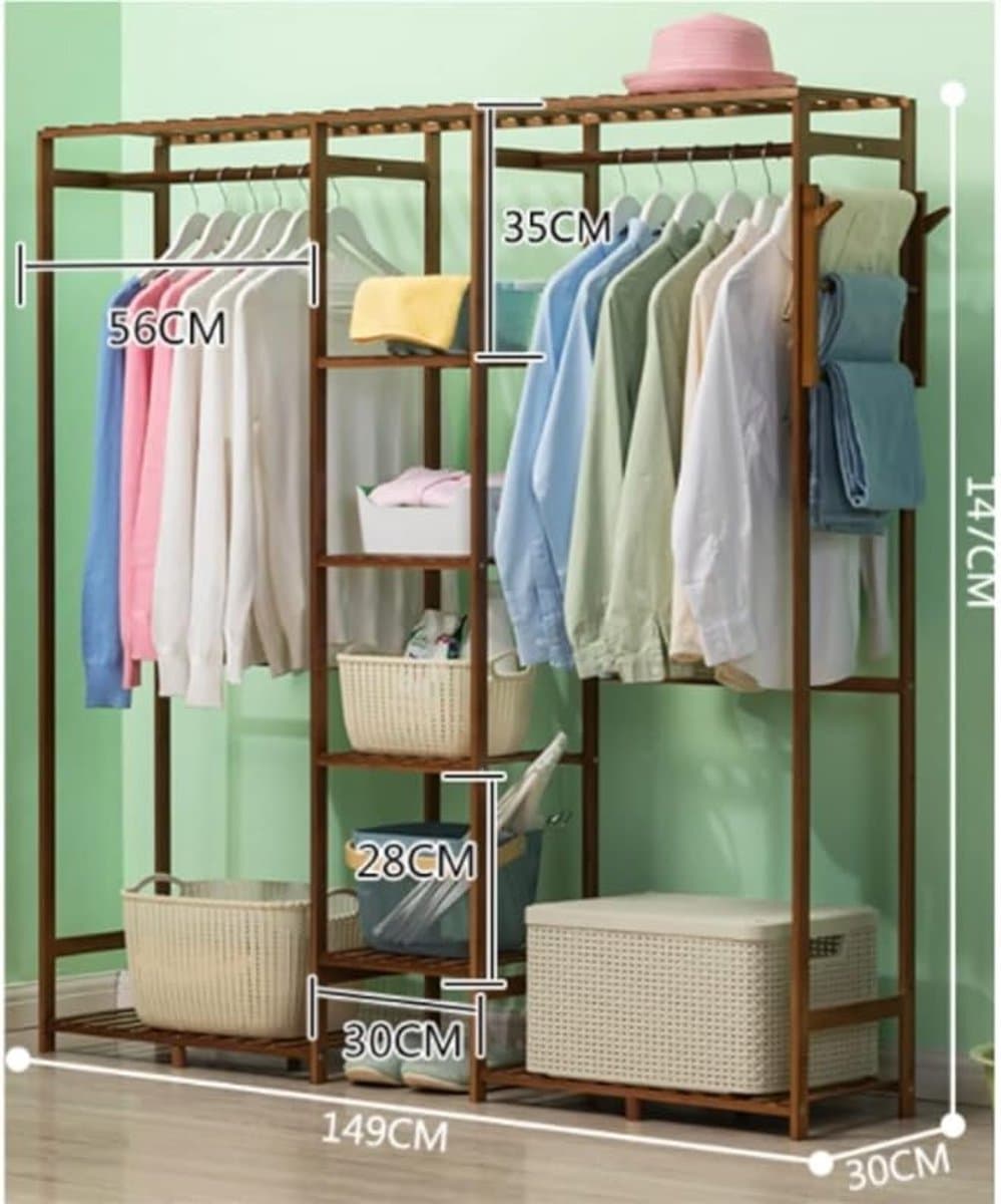 Garderoberek met Schoenenrek en Opbergbank 149 x 147 cm – Vrijstaande Kapstok met Kledingstang, Halboom en Entree Organizer voor Slaapkamer, Gang en Kantoor – Blauw/Hout