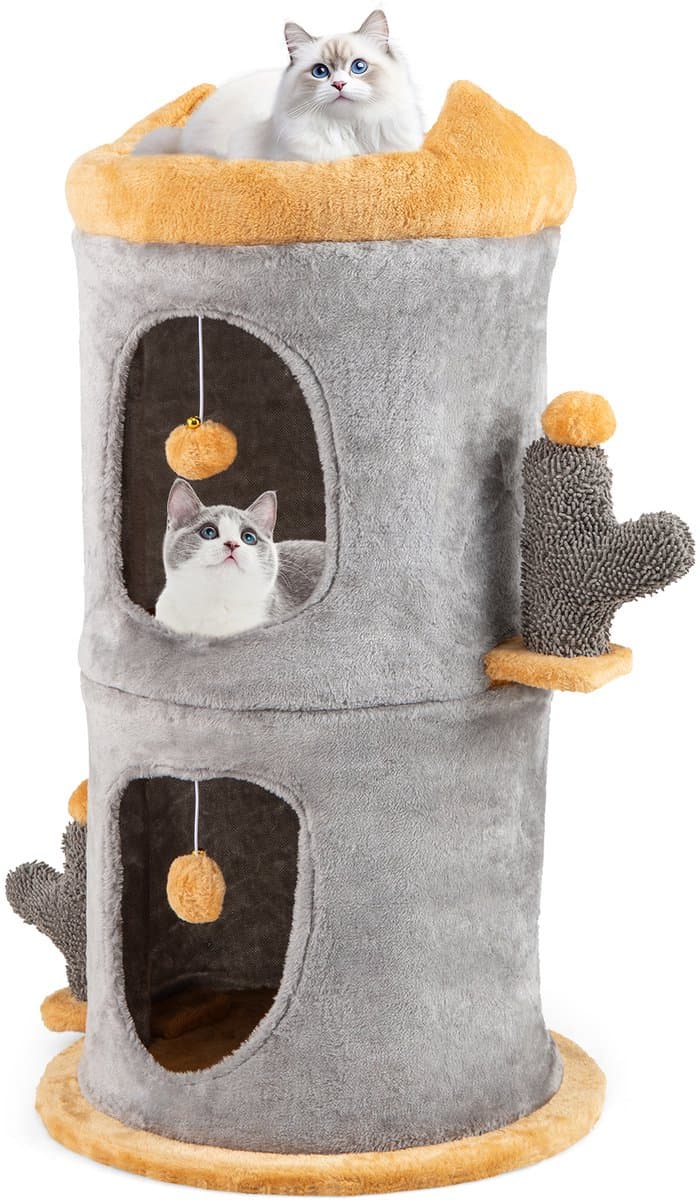 COSTWAY Krabton kattenton, speelton met 2 kattenholletjes, apart design, kattenbed, 2 ballen en palen, kattenhuis voor katten, Ø48 x 83 cm, kattenkrabpaal, kattenboom, grijs