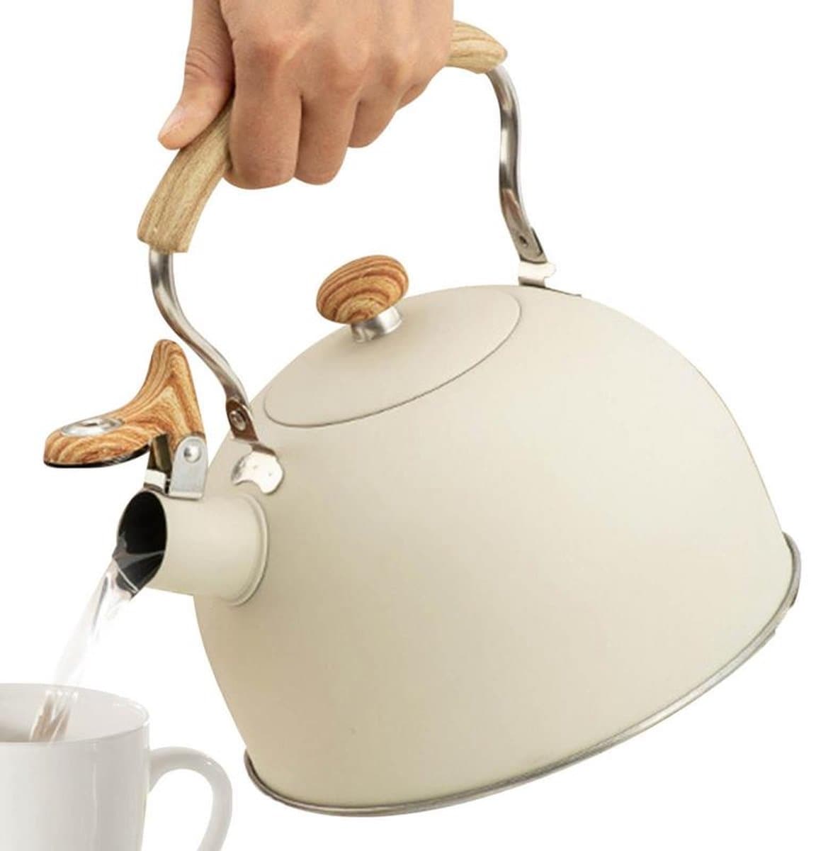 Waterkoker - Fluitketel 2.5L - Houtlook Anti-Heet Handvat - Fluitend bij Kookpunt - wit Pieper - Geschikt voor Gas & Inductie
