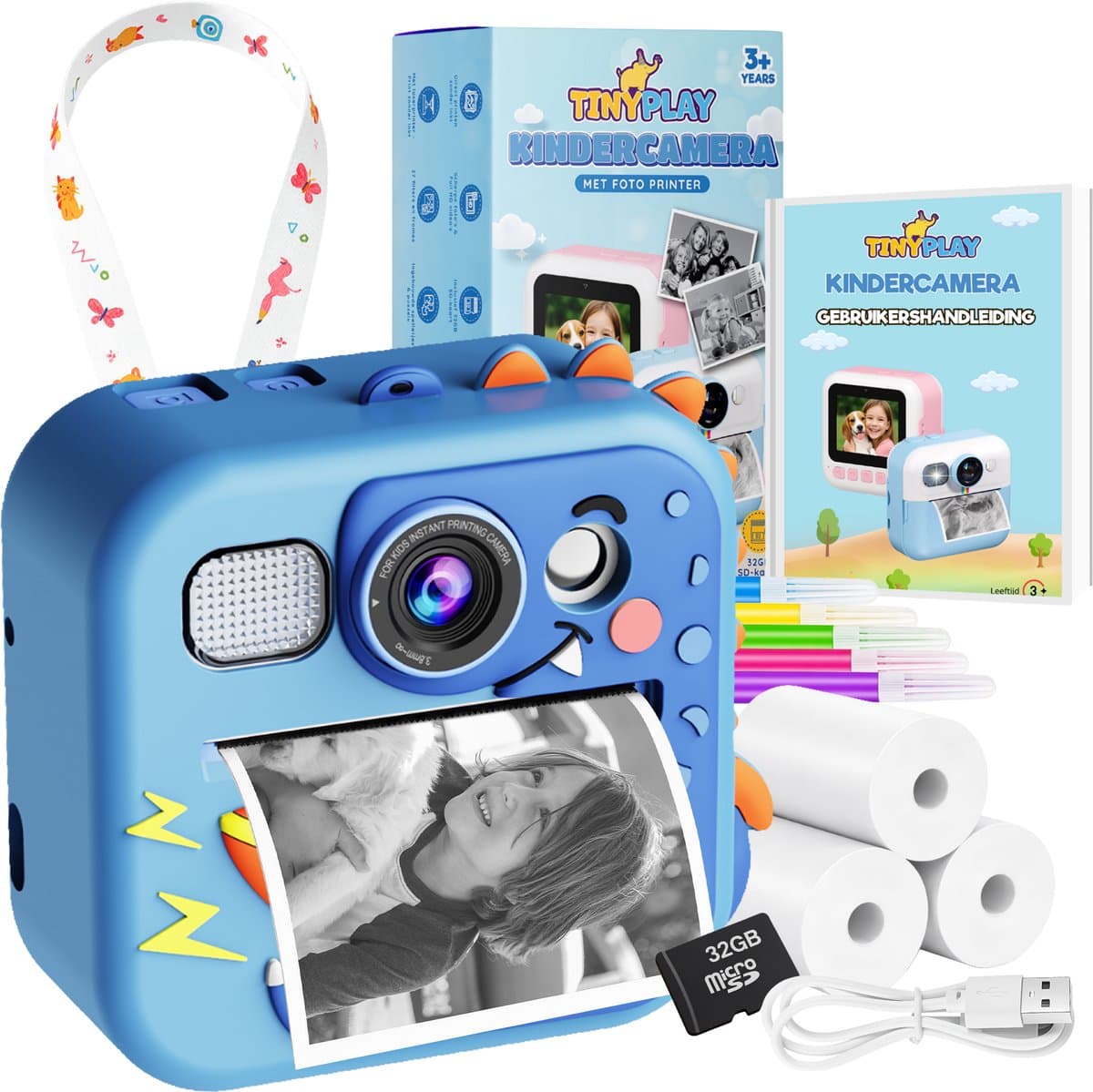 TinyPlay Kindercamera met foto printer - Siliconen Hoes - 48MP - Digitale Camera Kinderen - 32GB SD kaart - Full HD Foto en Video - Spelletjes - Fotoprinter - Kinder camera - Digitale kindercamera - Blauw