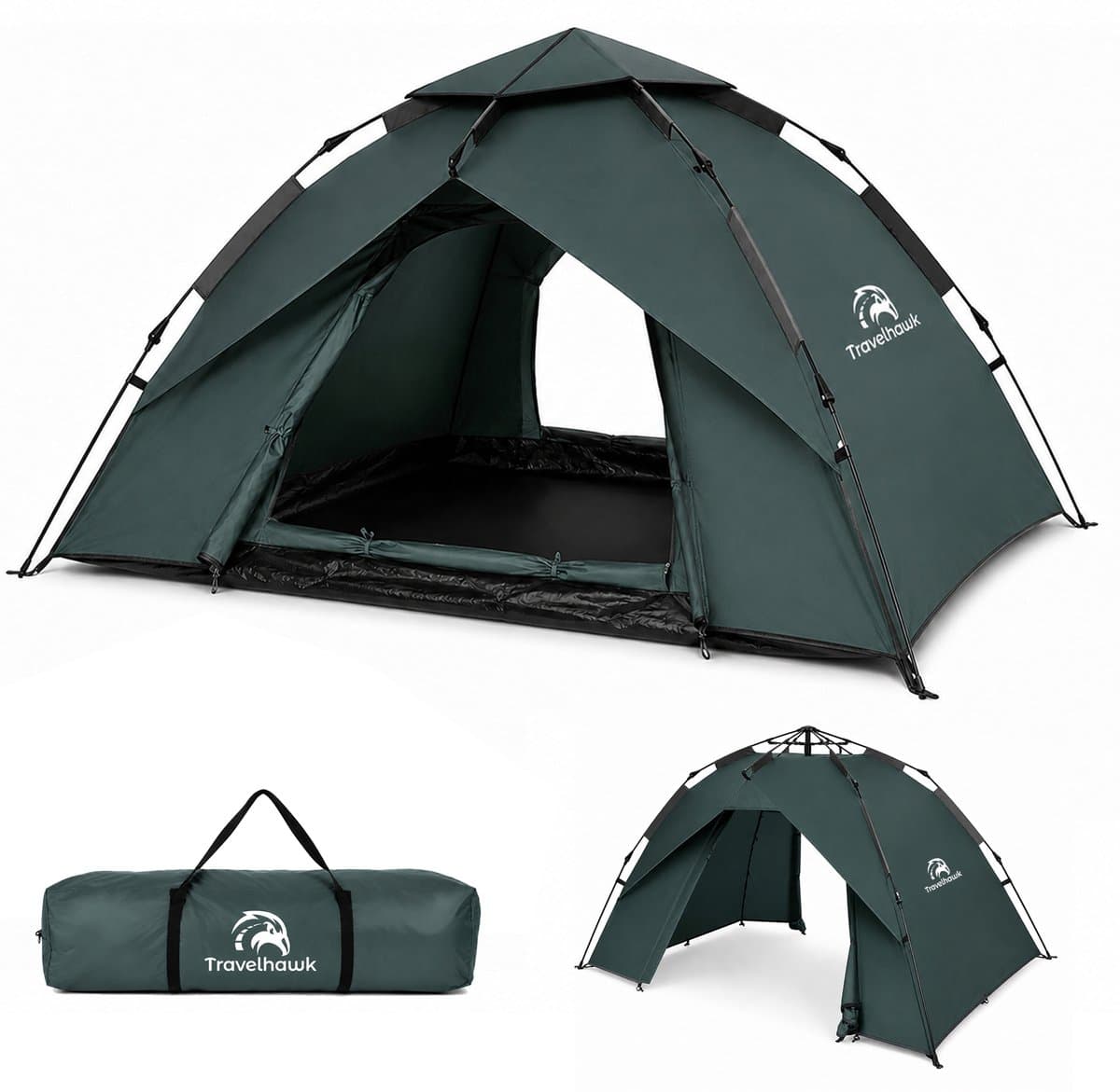 Travelhawk Pop Up Tent - 2-3 Persoons - Tent - Waterdicht - In 3 Seconden Opgezet - Groen