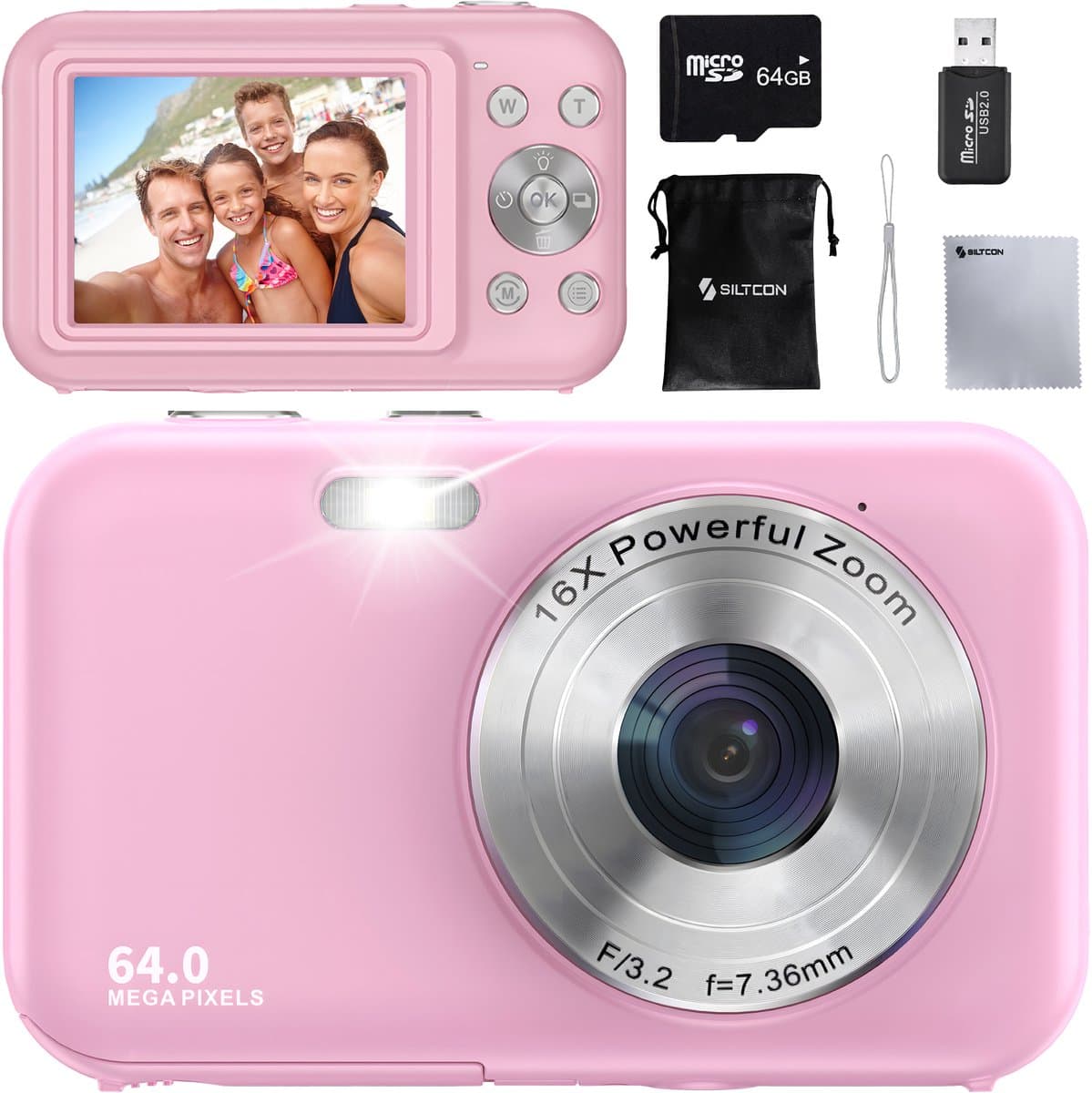 Siltcon® Digitale Camera - Full HD - 64 MP - Fotocamera - Mini Camera - Fototoestel - Vlog Camera voor Kinderen - Compact Camera - Foto & Video - 16x Zoom - Incl. 64GB SD