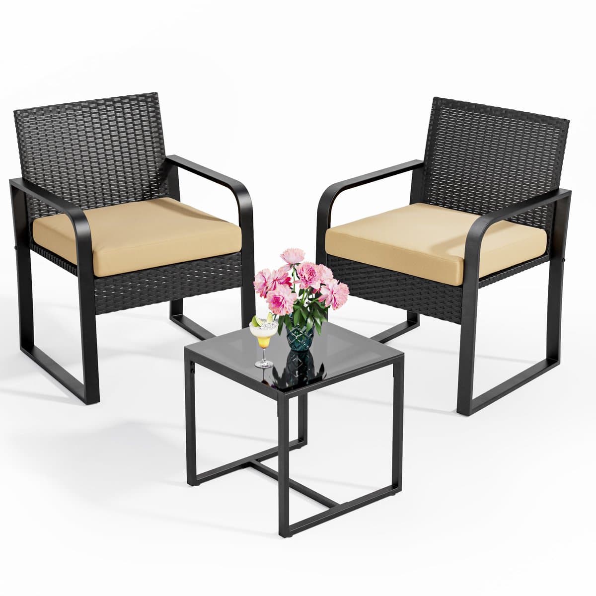 Xbro Tuinset – 3-delige Zitgroep met Rotan Stoel en Zitkussens, Weerbestendig en Ruimtebesparend – Outdoor loungeset – Balkonset voor Tuin, Terras en Zwembad – 60 x 50 x 80 cm – Geel