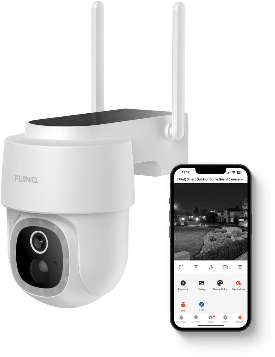 FlinQ Slimme Beveiligingscamera Dome Guard - Oplaadbaar via USB & Zonne Energie - Buiten camera met zonnepaneel - Bewakingscamera voor buiten - 2K HD - Nachtzicht - Pan & Tilt IP Camera