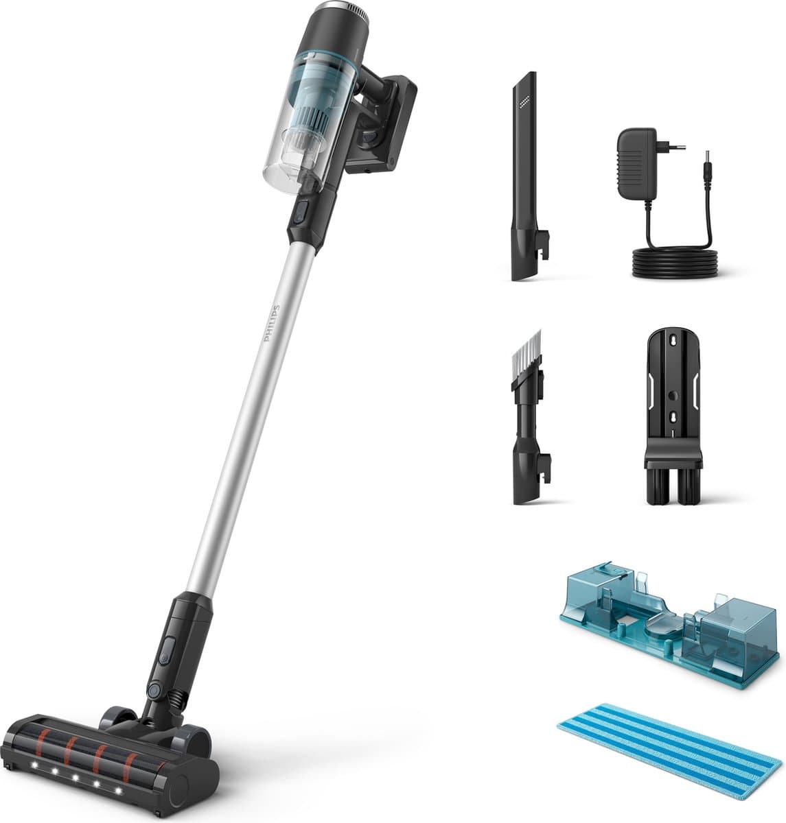Philips Steelstofzuiger Met Dweilfunctie XC3133/01 - Draadloos - Zuigmond met LED verlichting - Zonder Zak - Handstofzuiger - Alle Vloertypen - Matzwart