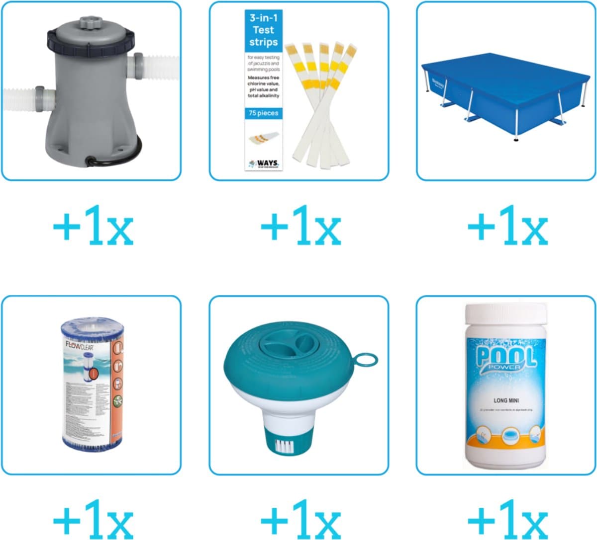 Accessoires voor Bestway Steel Pro Zwembad - 259x170x61 cm - Rechthoekig - Bestway - 56403 - Pomp - Testrips - Afdekzeil - Filter - Chloordrijver - Chloor