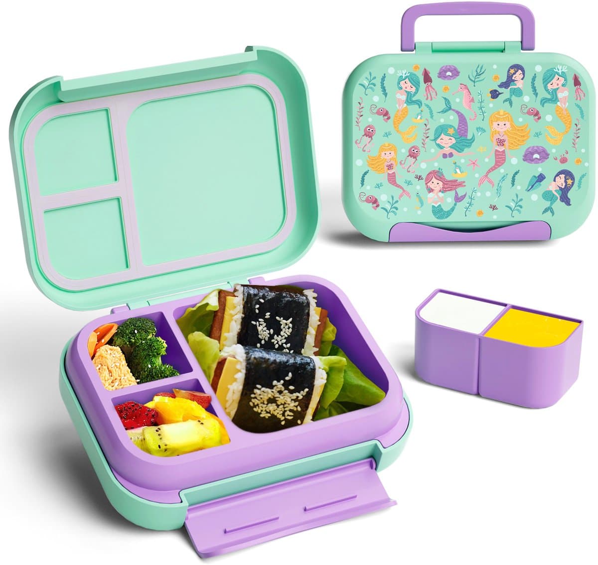 BentOH! Bento Box en Brooddoos 2-in-1 voor Kinderen - Zeemeermin - Lekvrij & BPA-vrij – Met 3 Uitneembare Vakken – Magnetron-, Vriezer- & Vaatwasser bestendig