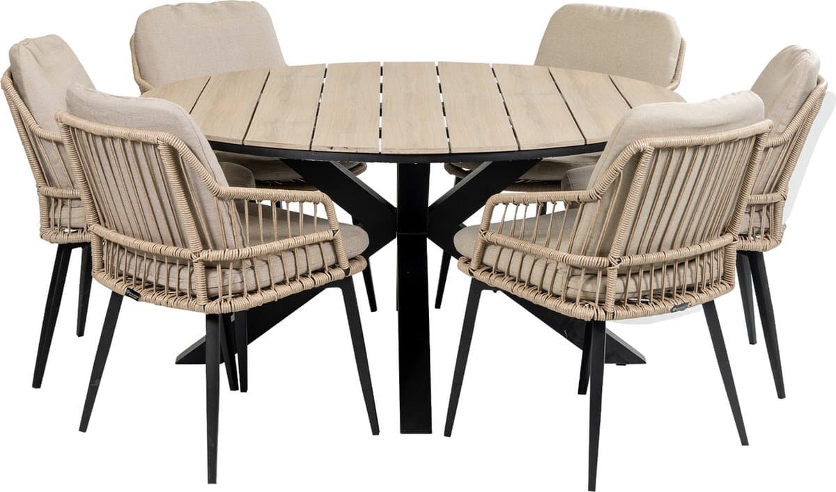 7-delige ronde tuinset | 6 Isabel tuinstoelen (Sand) | ø150cm Cyprus tuintafel (Wood)