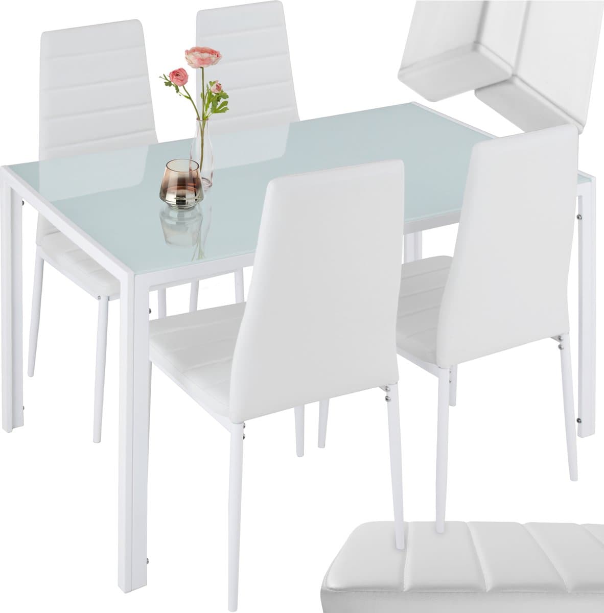 tectake® Eetkamerset met 4 Eetkamerstoelen - Eettafel met glazen blad - 120 x 70 x 75 cm - Eethoek set Tafel en Stoelen - Set van 4 Stoelen met kunstleer - Wit