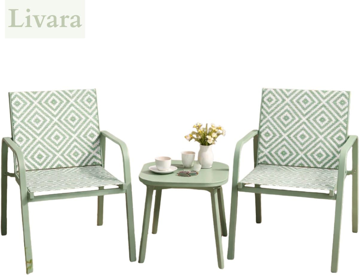 HIXA Tuinset - 3-delig - Mintgroen - Bistroset - Tuintafel - met Stoelen - 2 Personen - Balkonset - 2 Persoons - Loungeset - Table de Jardin - LIVARA