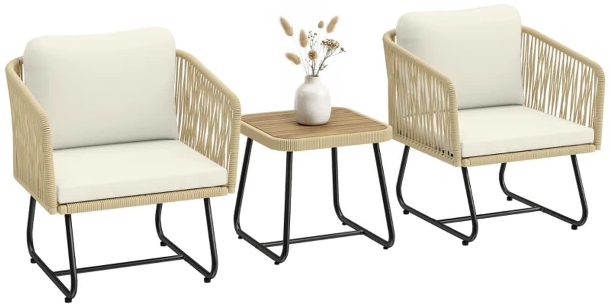 Bistroset - Tuinmeubel 3-delig - Tuinset van Rotan - Balkonset voor 2 Personen - Tuinmeubelset met 2 Fauteuils + Lattenhouten Tafel + Wasbare Kussens - Zitgroep - Meubel - Loungeset - Meubelsets - voor Tuin, Balkon, Terras