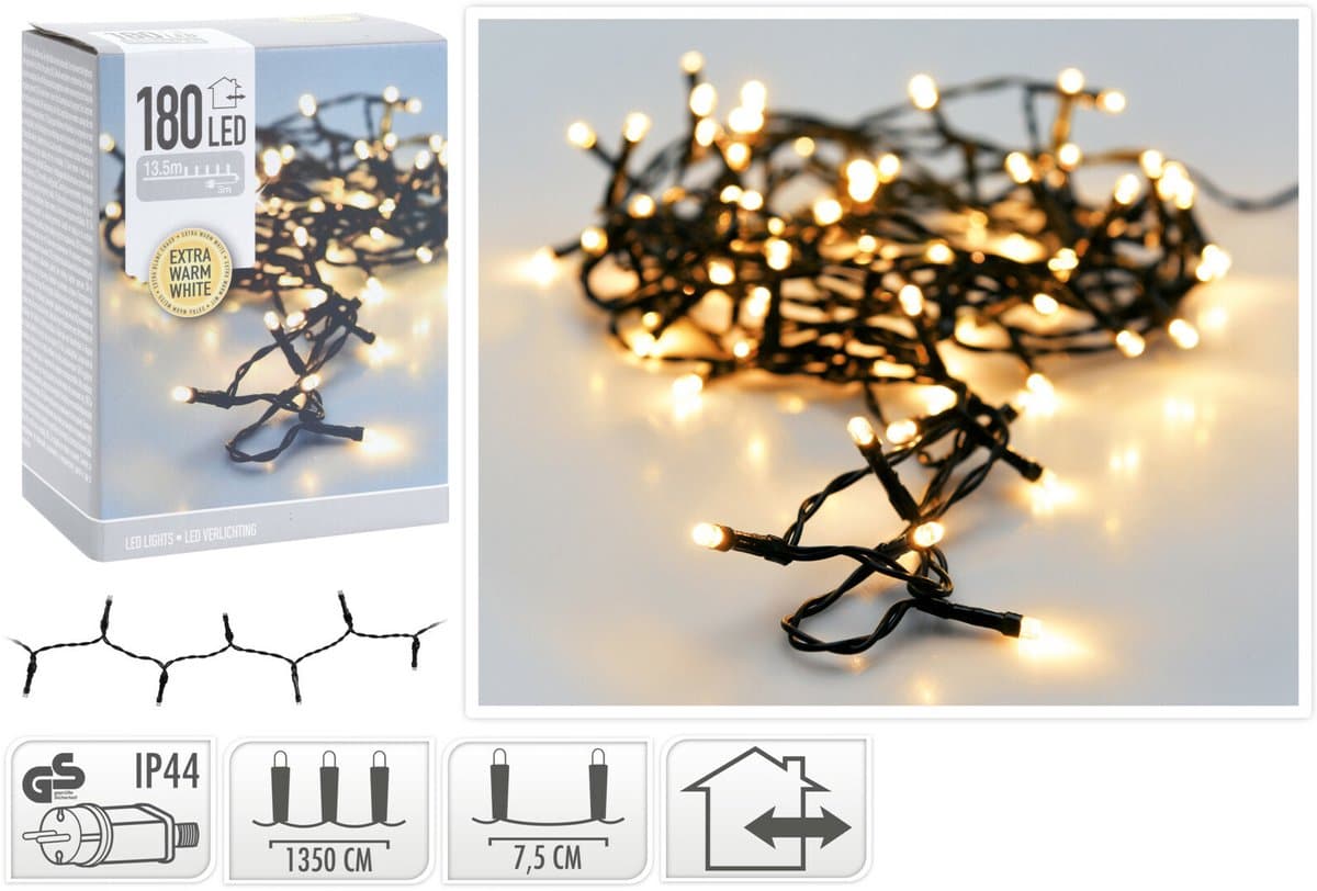 Kerstverlichting lichtsnoer - 180 led lampjes - warm wit - 13,5 meter - kerstboomverlichting