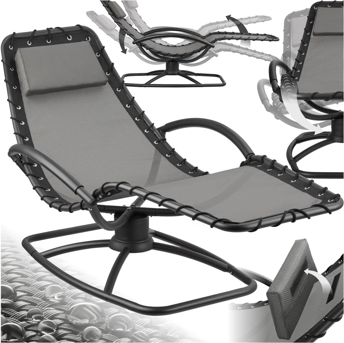 tectake® Ligstoel Toulon - Ergonomische Tuinstoel met Schommelfunctie - Ligbed voor Tuin, Terras en Balkon - Relaxstoel met Hoofdkussen en Comfortabele Armleuningen - 120kg Draagkracht - Grijs