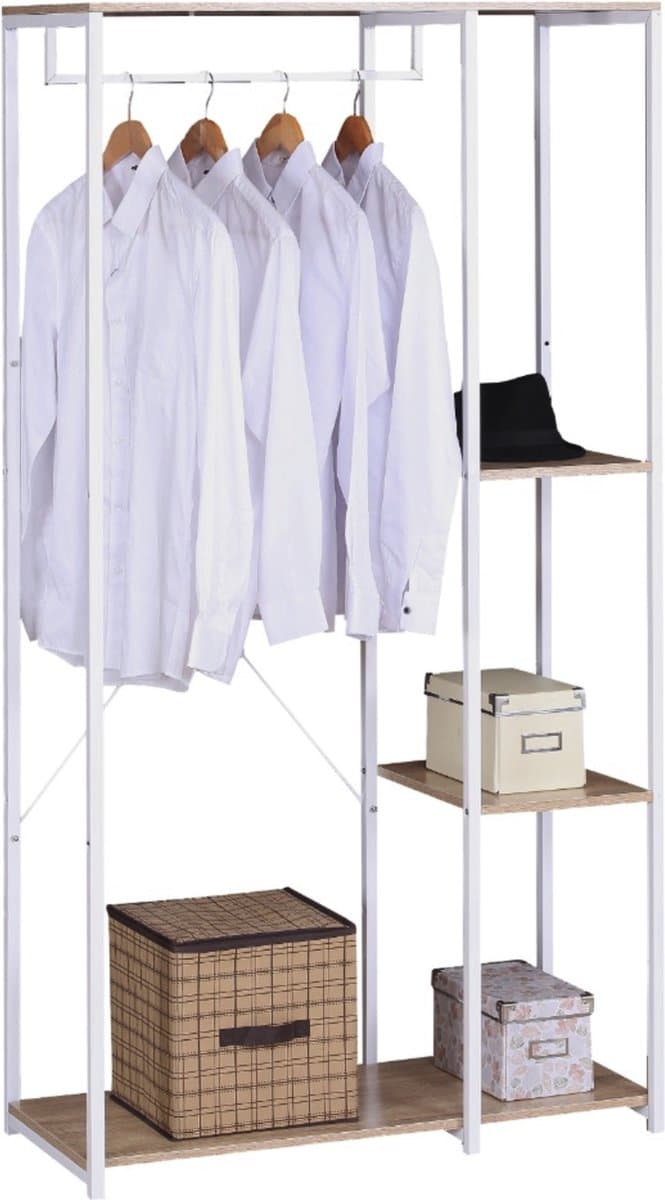 Happyment Kledingrek Diza- Met opbergruimte - Wit - Schoenenrek organizer - Kapstok - Garderobekast - Garderoberek - Kledingkast hout - 3 planken