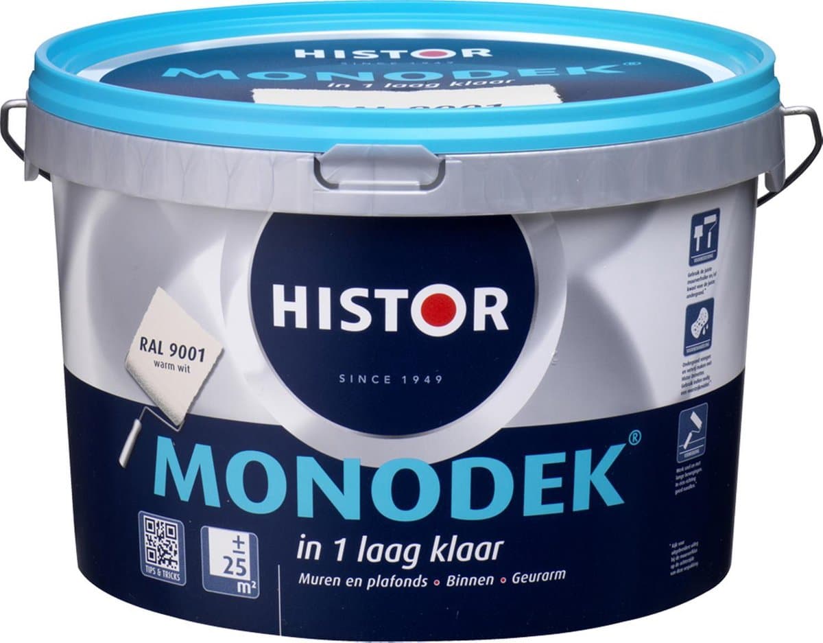 Histor Monodek – Muurverf Binnen Mat – Dekt in 1 Laag – Afwasbaar – Geurarm en Oplosmiddelvrij – Met Ultra Dense Technology voor Extra Dekkracht – Voor Binnen – RAL 9001 – 2,5L