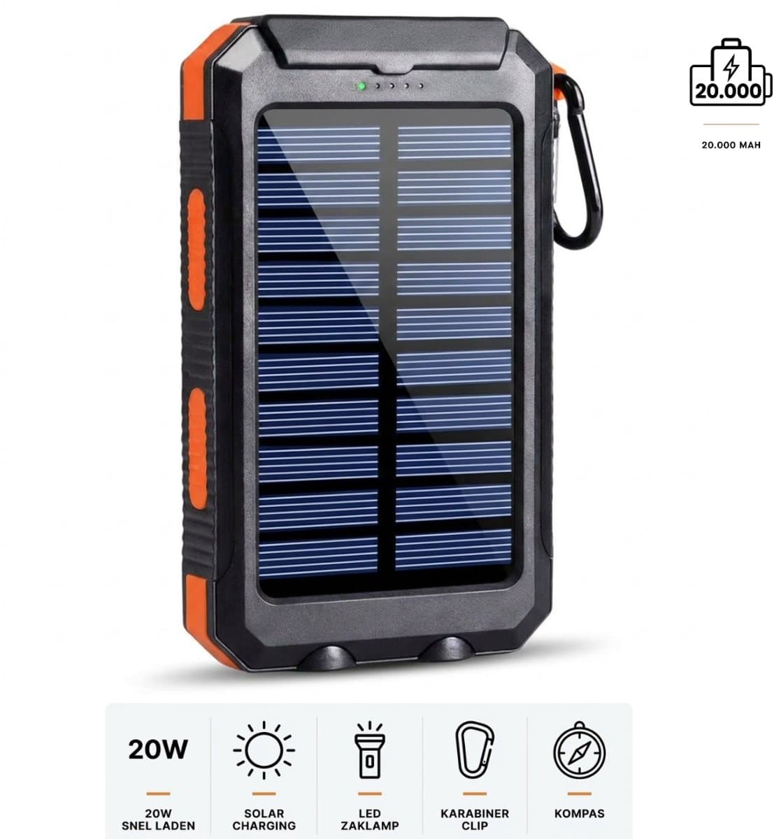 RoxPeak® Solar Powerbank 20.000 MaH- Draagbare Oplader 3-in-1 – Zonne-energie – Waterdicht & Schokbestendig – Snelladen USB/USB-C – Powerbank met Zaklamp – Camping & Outdoor