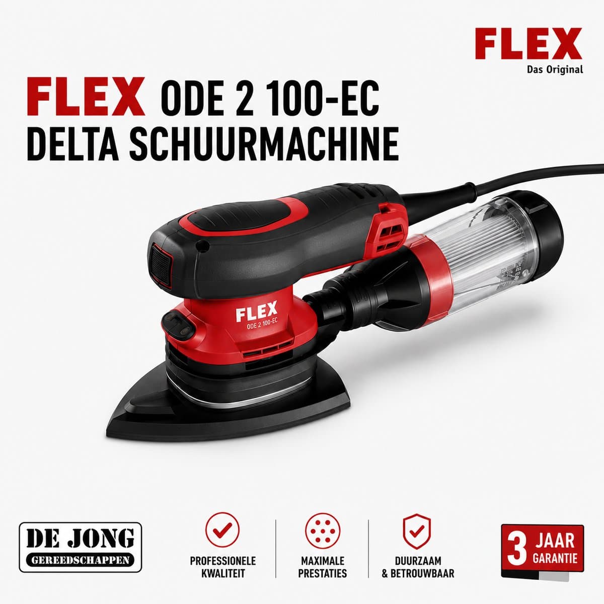 FLEX ODE 2-100 Delta Schuurmachine - Koolborstelloos - Met stofafzuiging - Excentrisch roterend - Lichtgewicht behuizing - Regelbaar toerental - Klittenband schuurpad - Zachte aanloop - Herstartbeveiliging