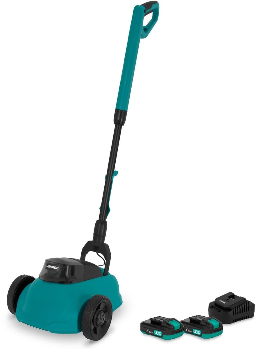 VONROC Mini Elektrische Grasmaaier 20V – 22 cm – Maaien en mulchen in één - Drie instelbare maaihoogtes: 30mm, 40mm, 50mm –- Incl. reinigingstool - Incl. 2x 2.0Ah Accu en lader