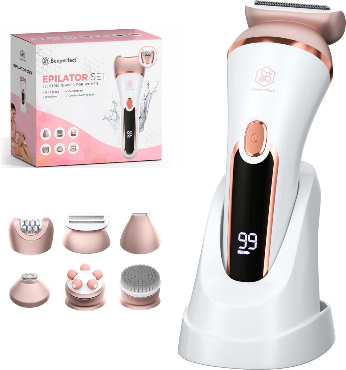 Beeperfect® 6 in 1 Epilator Voor Vrouwen - Scheerapparaat Vrouw - Bikinitrimmer - Ladyshave - Oplaadbaar - Waterdicht - 7 Opzetstukken