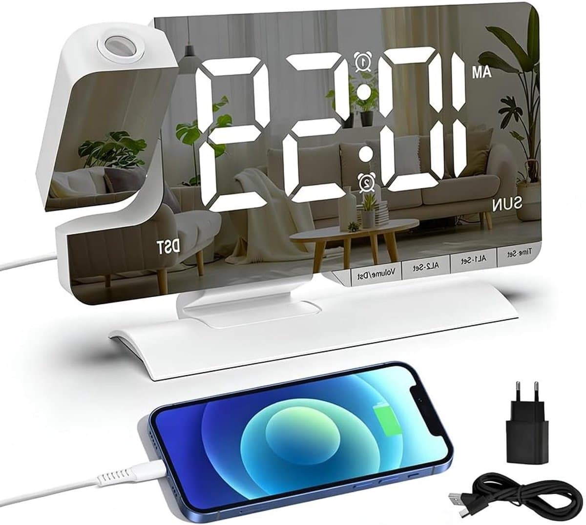 Digitale Projectie Wekkerradio met 180° Draaibare Projector, USB-C Aansluiting, Dimbare Verlichting en 11 Kleuren LED Display voor Slaapkamer en Muurdecoratie
