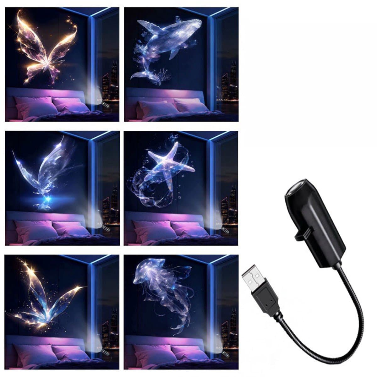 Projectielamp - Nachtlampje Kind - 360 Graden Roterend Sfeerlicht - Inclusief 6 Projectieplaten - USB Aansluiting - Oceaan Projector Babykamer