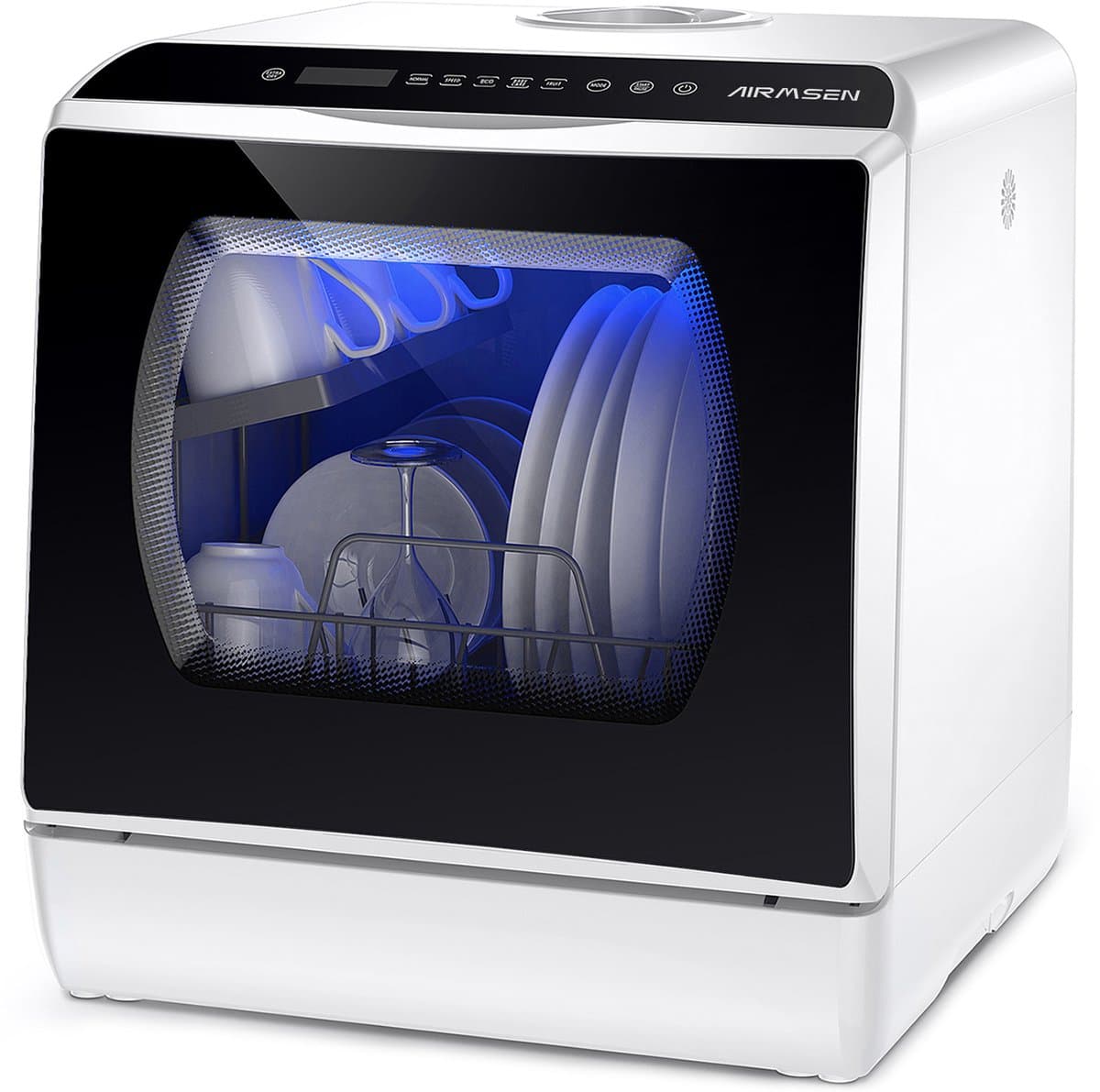 AIRMSEN Mini Vaatwasser - Vrijstaand - Watertank 5L - 5+1 Programma's - 4 Couverts - 42.5 cm - Zwart/Wit