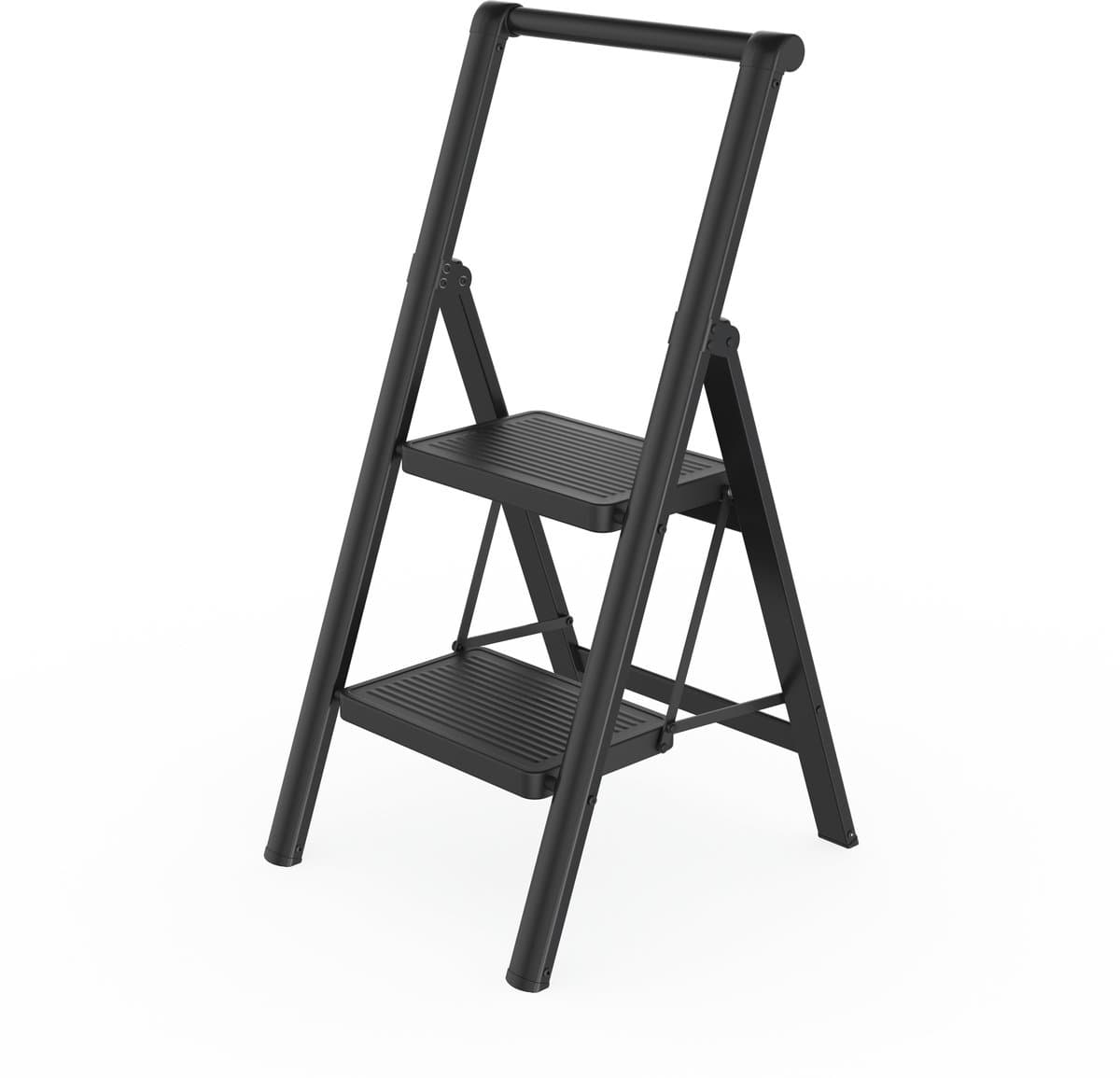 Huishoudtrap 2 treden - Opvouwbare trap van metaal - Antislip, stabiel en belastbaar tot 250 kg - Trap Ladder met Leuning - Trapladder voor huis, balkon , garage