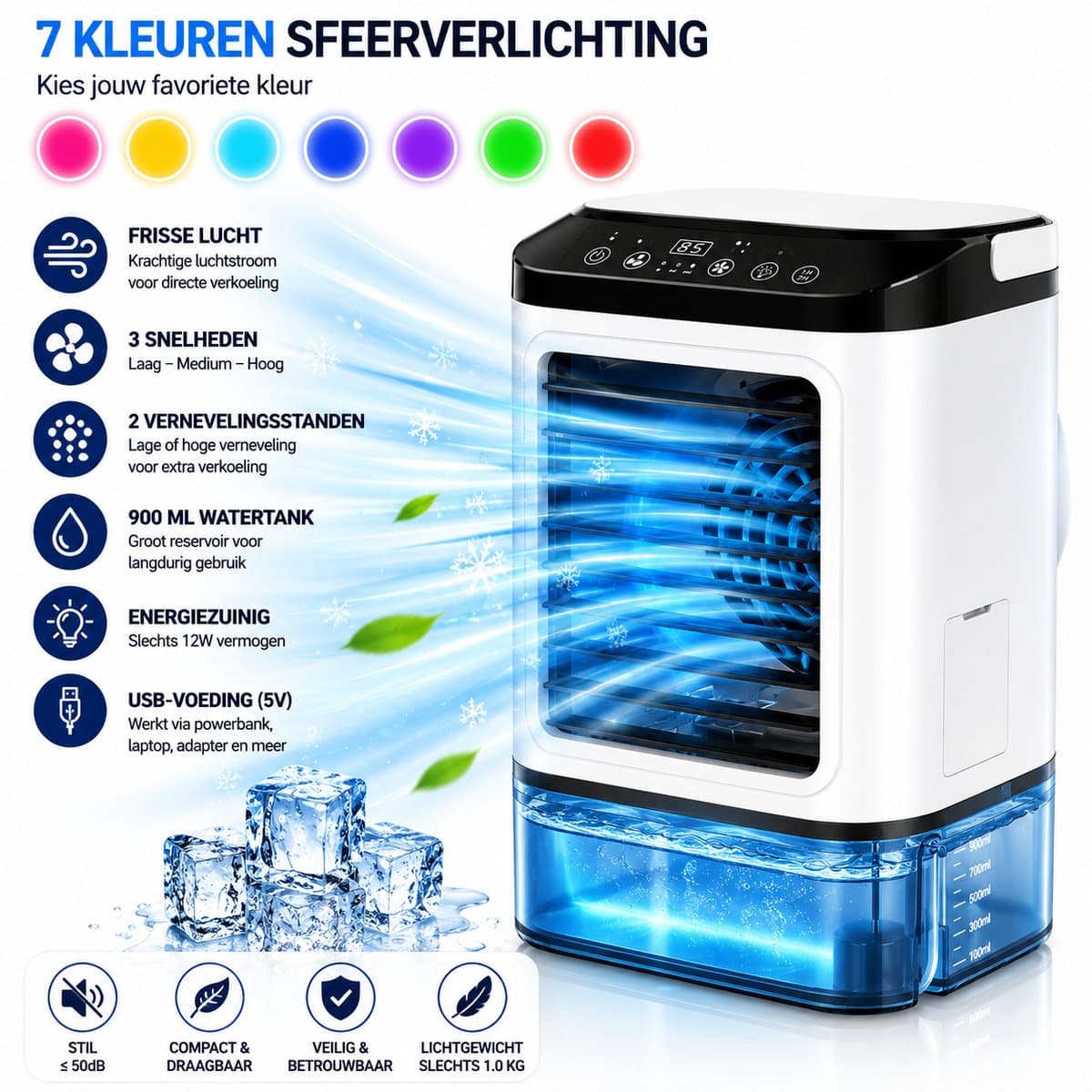 HomeGoodies - Airco - Mobiele airco - Mini airconditioning - Draagbaar - 7 Kleuren Nachtlamp - Voor Slaapkamer, Kantoor en Camper