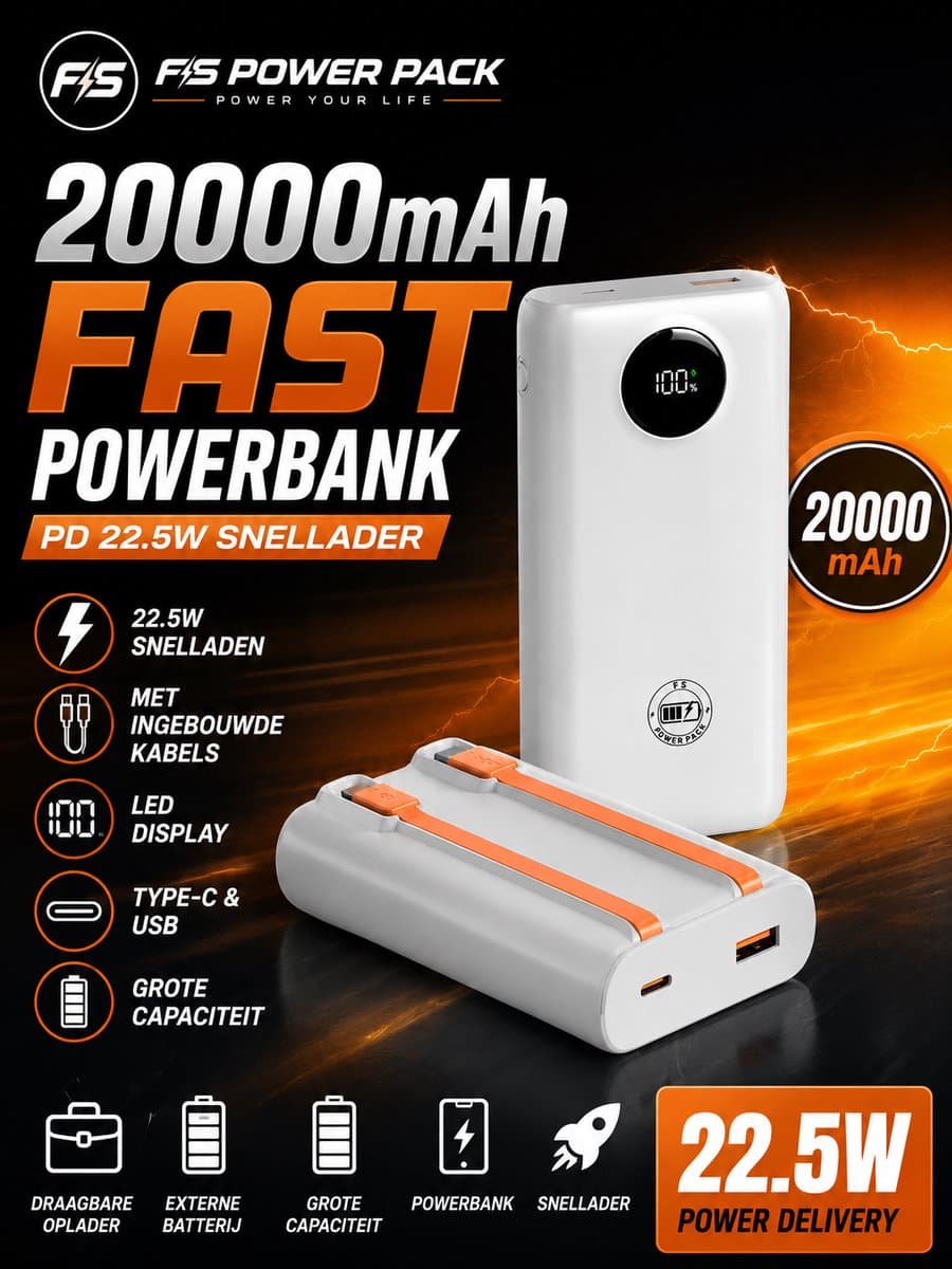 20000mAh Fast Powerbank -PD 22.5W Snellader- FS Power Pack Powerbank 20000mAh – 22.5W – Met Ingebouwde Kabels – LED Display – Type-C & USB – Wit-Powerbank led display - Draagbare oplader - Externe batterij - Grote capaciteit - Powerbank- Snellader