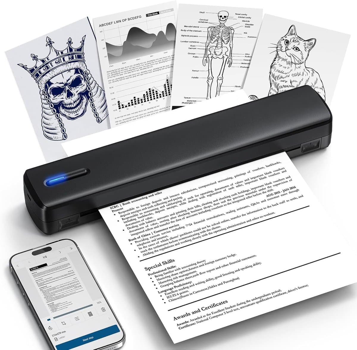 Sounix Portable Bluetooth Printer - A4 Formaat - Draadloos - Thermische Inktvrije Printer - Zwart