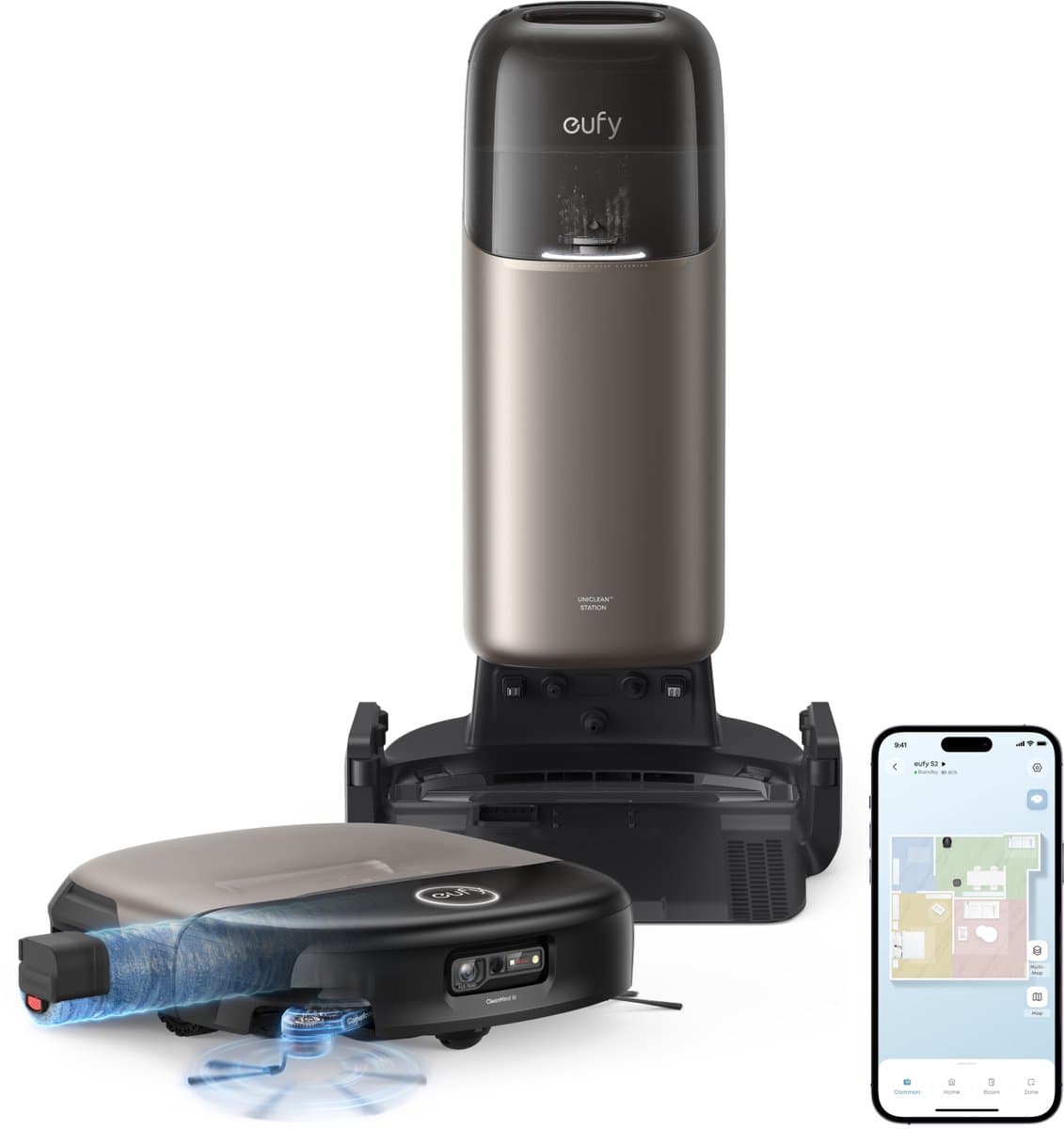 eufy S2 Nieuw 2026 Stofzuiger- en Dweilrobot HydroJet, 30kPa AeroTurbo™ 2.0-Zuigkracht, Vloerreinigingssysteem 2.0, EcoClean™ Elektrolyse, Randreiniging, Haarvrije DuoSpiral™ Borstels, 12-in-1 UniClean™ Station