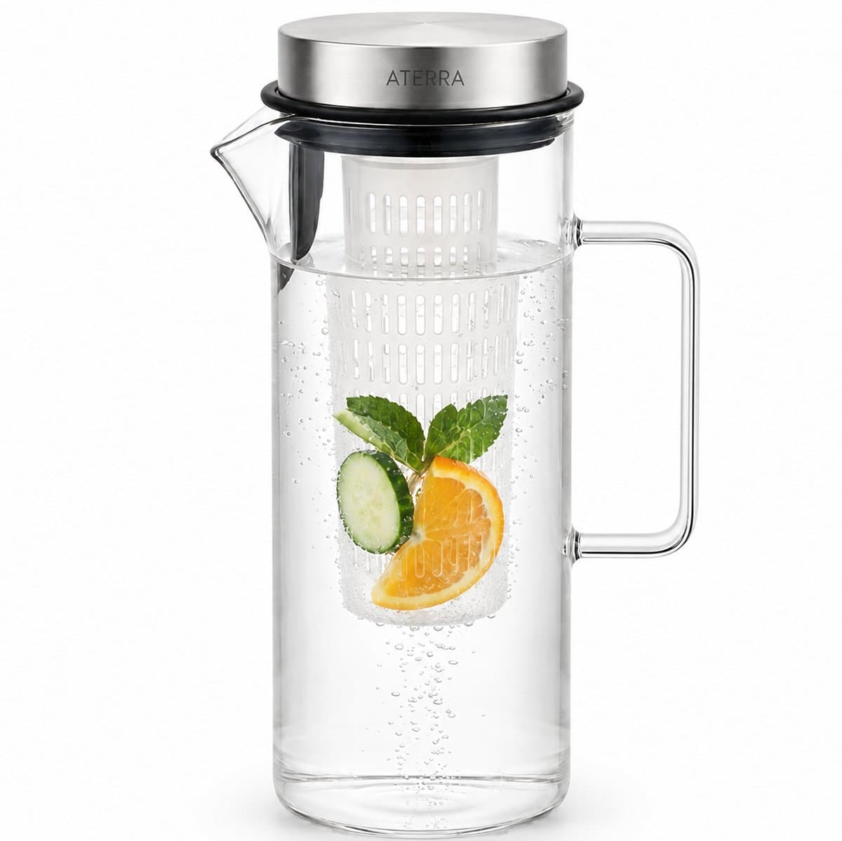 Aterra Waterkan Glas 1,5L met Fruitinfuser (Karaf) - Borosilicaatglas - Hittebestendig - Infused Water, Cold Brew & Losse Thee - BPA-vrij - Druppelvrij - Vaatwasmachinebestendig - Past in Koelkast