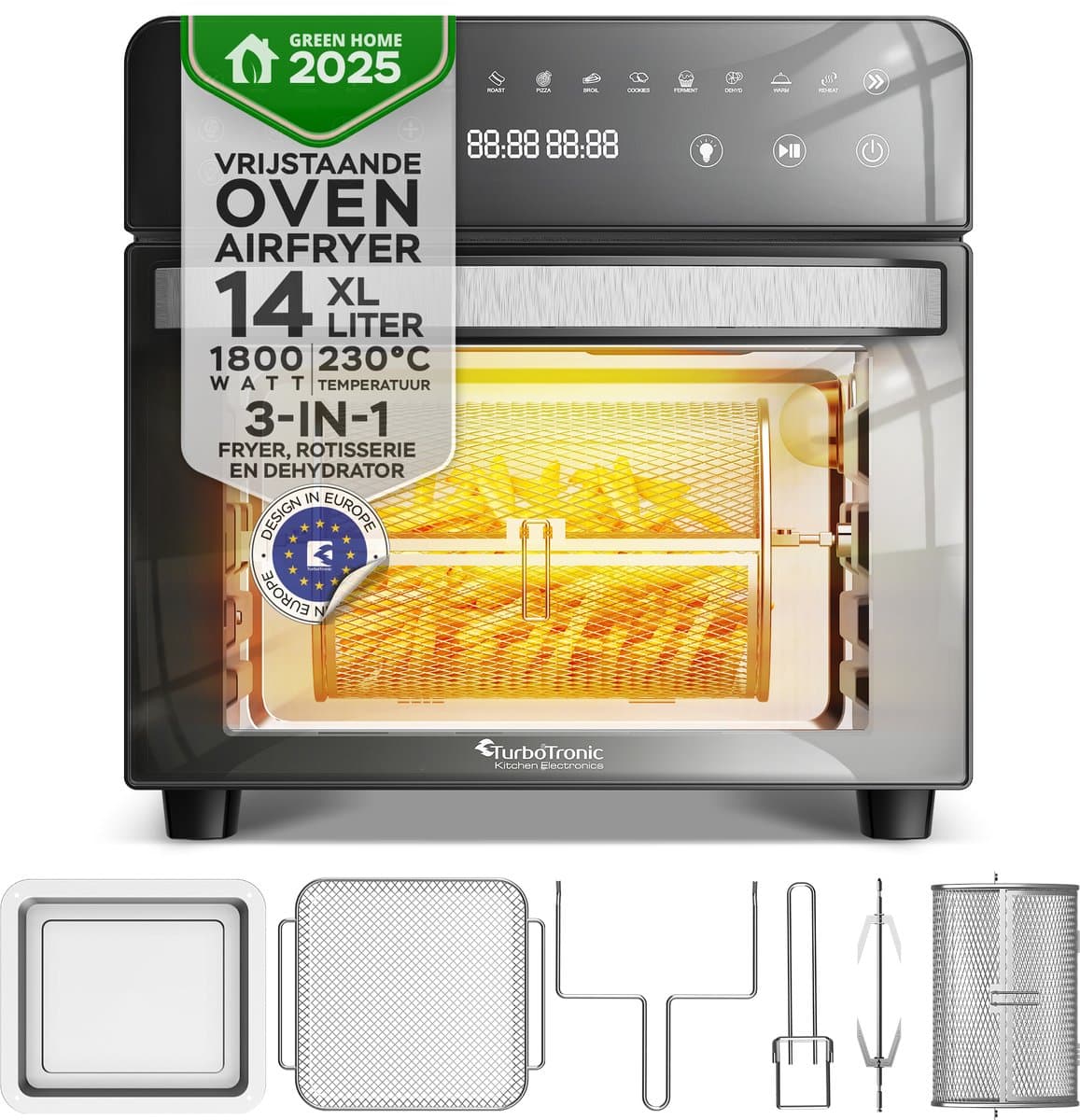 TurboTronic AFO14 Airfryer XXL en Vrijstaande Oven - Insclusief Draaispit - Mini Oven - Zwart