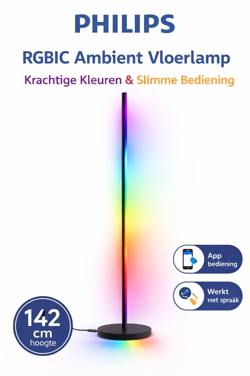 Philips RGBIC Ambient Vloerlamp – Smart LED Staande Lamp – 16 Miljoen Kleuren – Dimbaar – Muzieksynchronisatie – Afstandsbediening – 142 cm