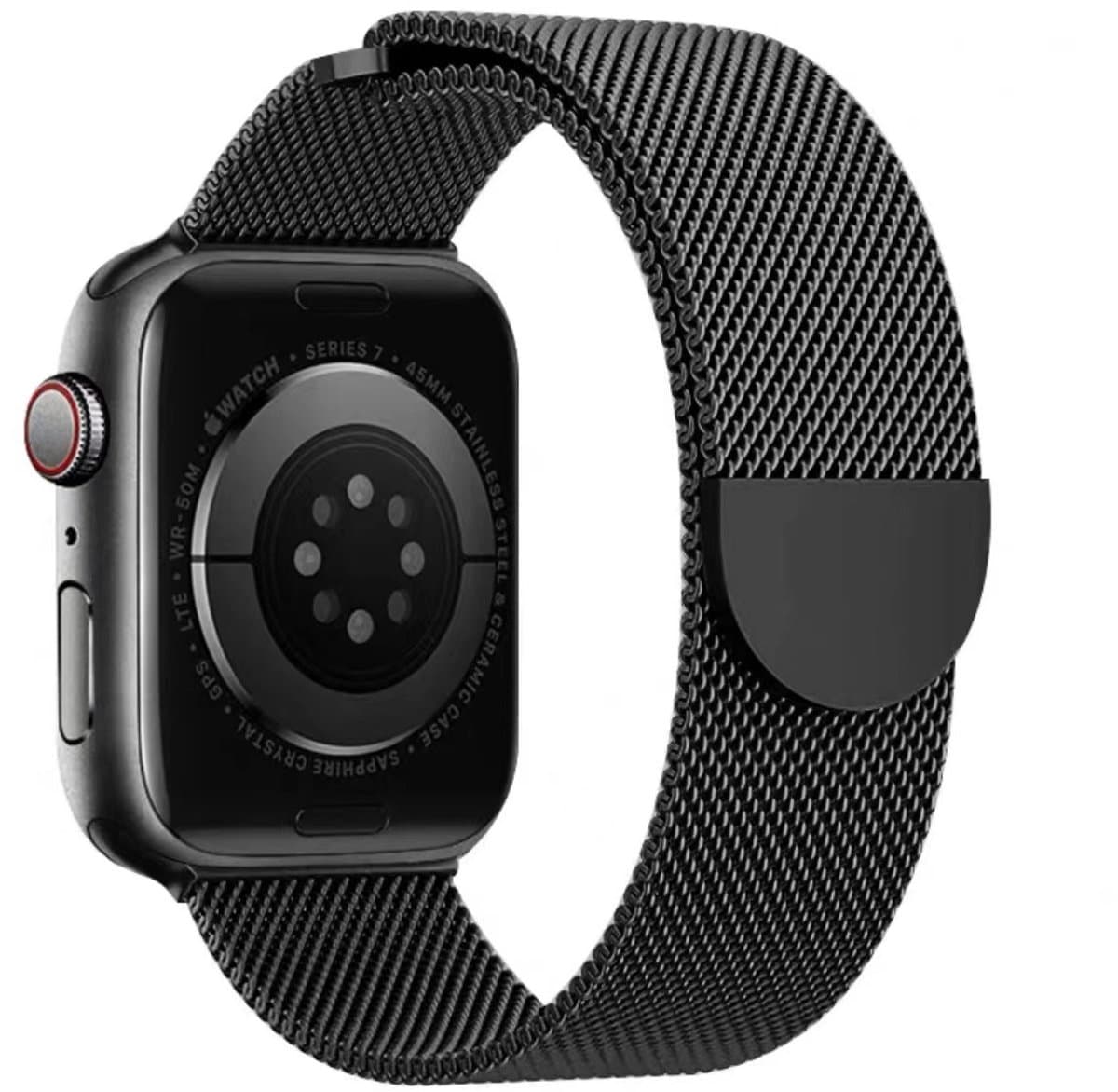 Stravo Luxe Milanese bandje - Geschikt voor Apple Watch 46mm (Series 10/11), 45mm (Series 7/8/9), 44mm (Series 4/5/6, SE 1/2/3), 49mm (Ultra 1/2/3) - Zwart - RVS metalen bandje met magneet - Milanees iWatch horlogebandje