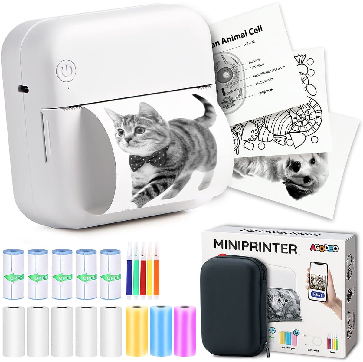 Agodeo Mini Printer - 300 DPI - Pocket Printer - Fotoprinter voor Mobiel - Mini Printer Incl.1 Harde Etui + 13 Rollen Papier (Sticker, Normaal, Kleur) + 5 Pennen - Pocket Printer Smartphone - Sticker Printer - Fotoprinter Mobiel