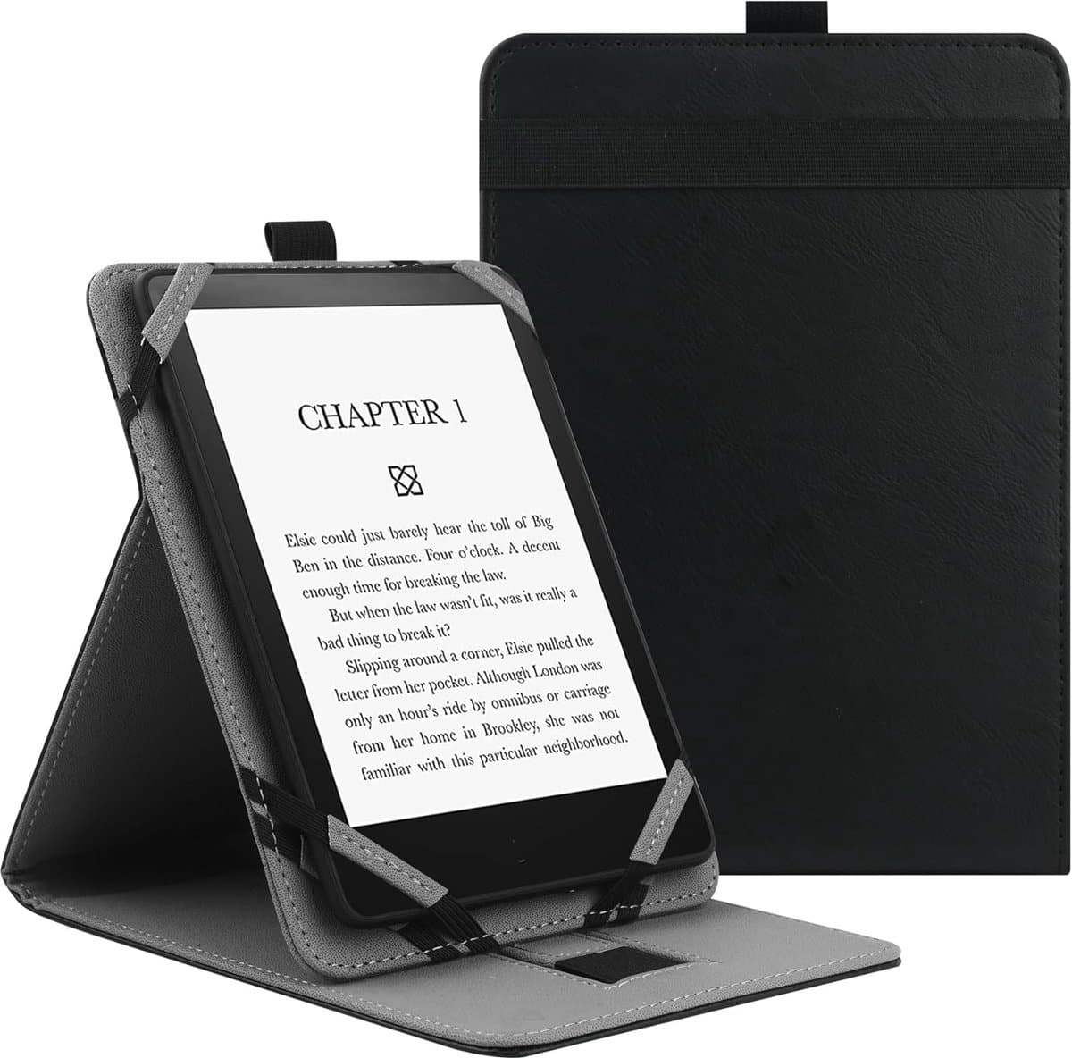 Universele Beschermhoes voor 6" 6.8" 7" eReaders, Folio Stand Cover met Handstrap Compatibel met Kobo/Tolino/Pocketook/Sony/paperwhite 6/6.8/7 inch e-book reader - Zwart