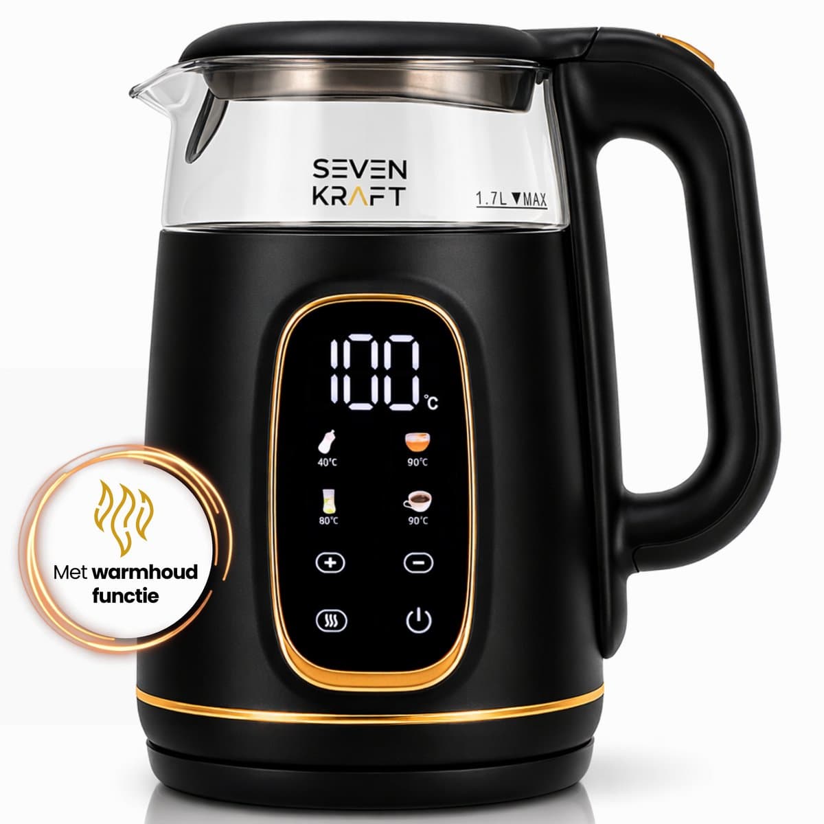 SEVENKRAFT Design Waterkoker 1,7L - Instelbare Temperatuur (40-100°C) - Zwart / Goud- Waterkoker Retro - Waterkoker met temperatuurregeling- Glas - 2200W