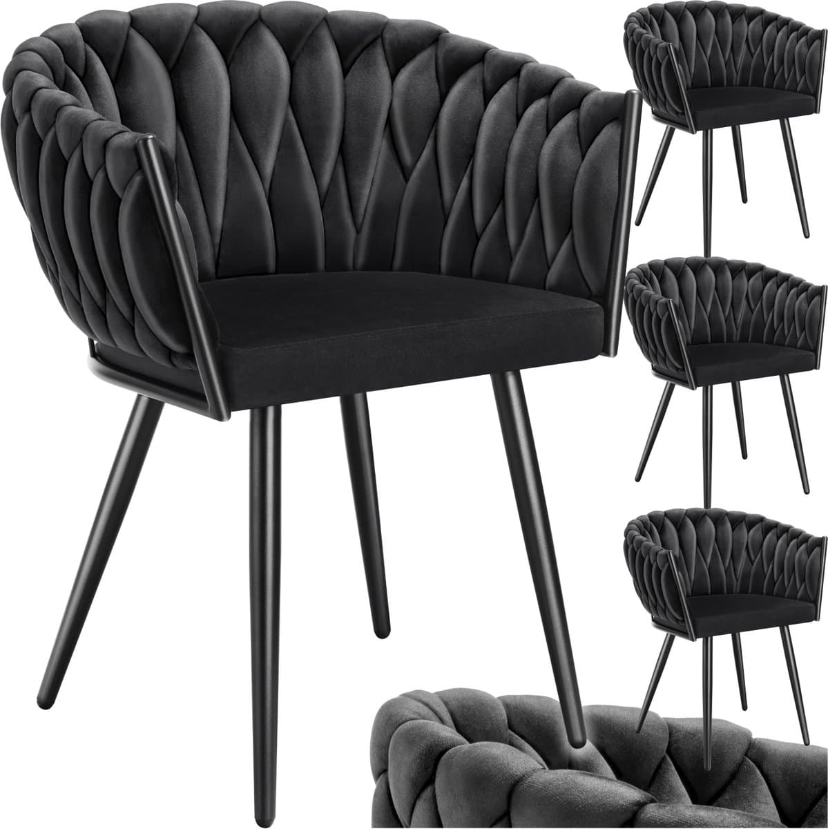 tectake® Set van 4 Fluwelen eetkamerstoelen - Kuipstoel met armleuning in knooplook - Eetkamerstoel - Moderne stoel voor woonkamer en eetkamer - Keukenstoel - Kaptafelstoel - Slaapkamerstoel - Diverse kleuren - Zwart