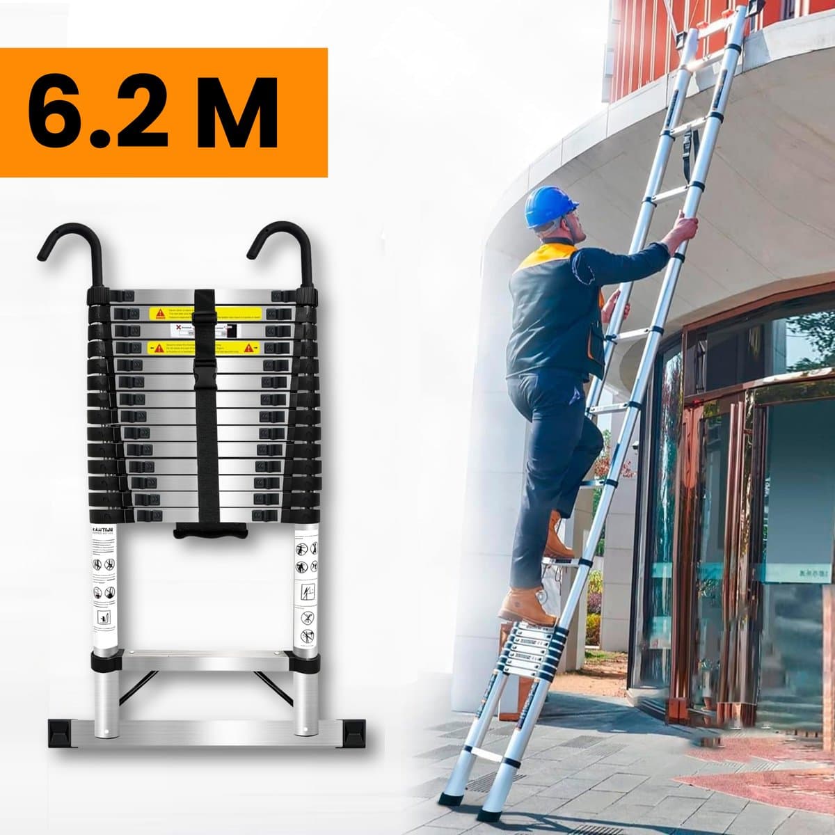 Telescopische Ladder 6.2M Aluminium – Uitschuifbare Vouwladder – Compact en Draagbaar met Soft Closing Systeem - Werkhoogte Verstelbaar – Max. 150 kg – Voor Thuis & Professioneel Gebruik