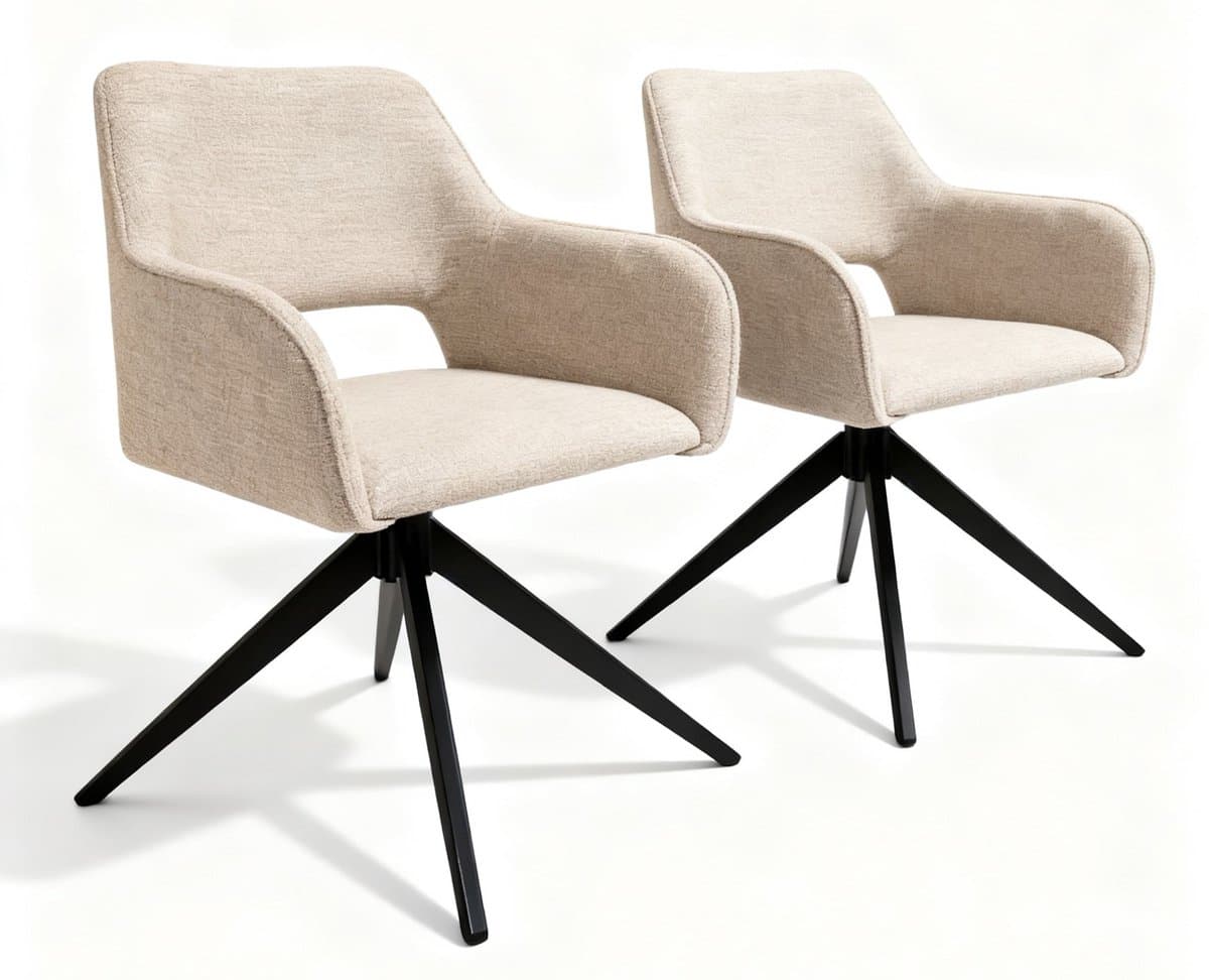 Bam & Boo Serena Draaistoelen Set van 2 – Beige Chenille Eetkamerstoelen met Armleuningen – 360° Draaibaar – Moderne Stoel – Zwart Metalen Onderstel