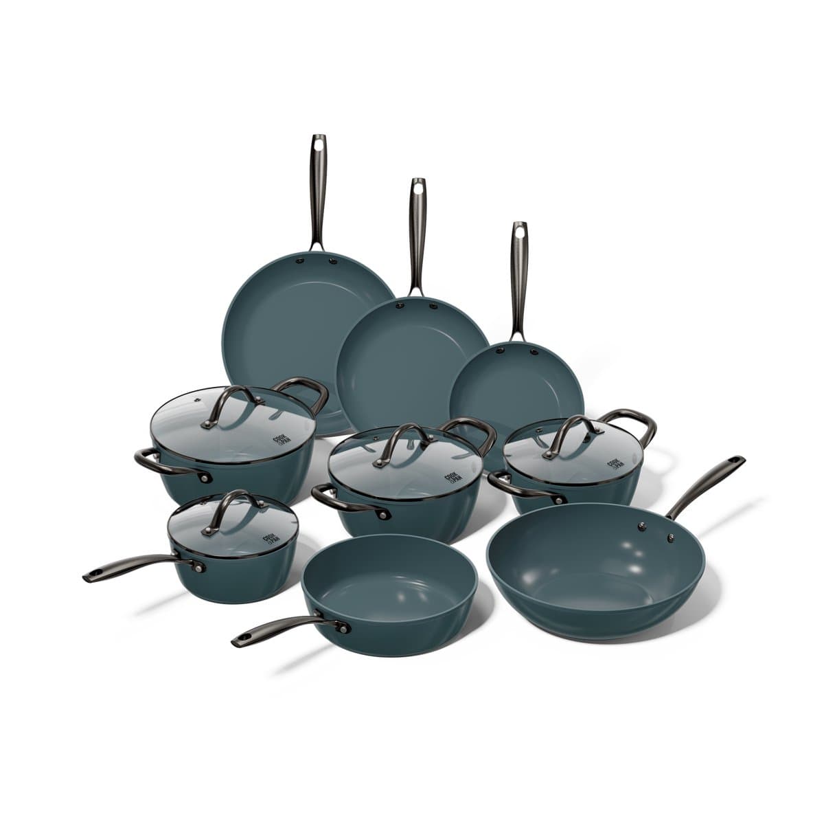 Cook & Pan 9-Delige Pannenset Slate - PFAS vrij - Alle Warmtebronnen - Pannen Set met 7 jaar Garantie - Krasbestendige Anti Aanbaklaag - Vaatwasserbestendig - Gas, Inductie, Elektrisch, Oven - Koekenpan, Wokpan, Steelpan, Hapjespan, Kookpot - Blauw