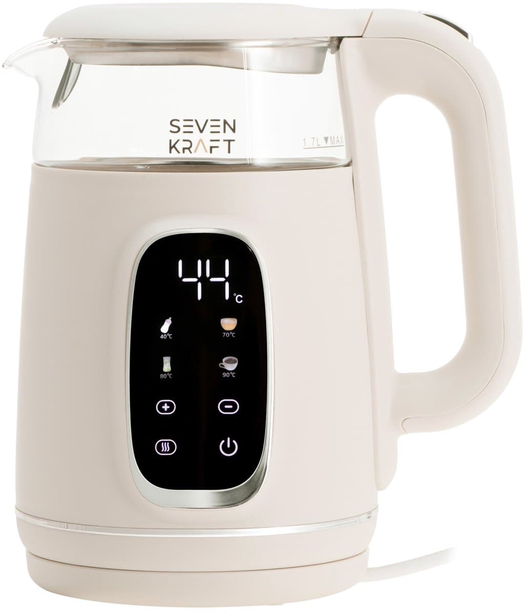 SEVENKRAFT Design Waterkoker 1,7L - Instelbare Temperatuur (40-100°C) - Beige - Waterkoker Retro - Waterkoker met temperatuurregeling- Glas - 2200W